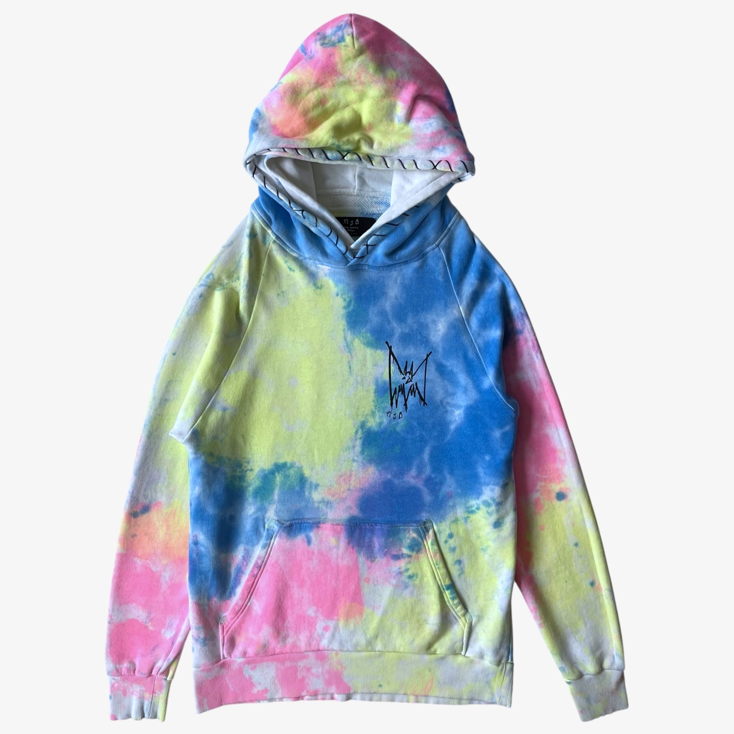 Colourful tie dye hoodie with a logo on a white background.