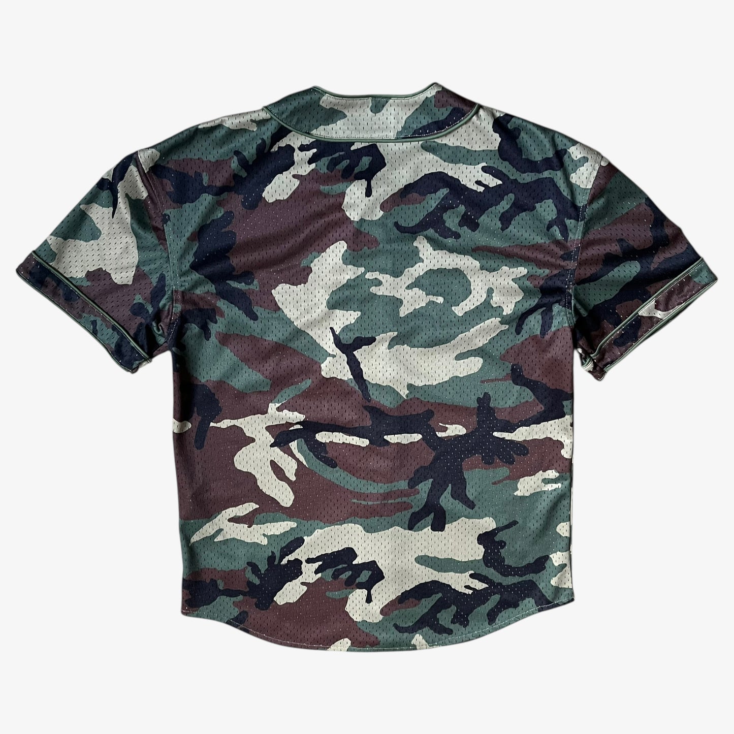 Back of men's Palace kawaii green camouflage baseball jersey.
