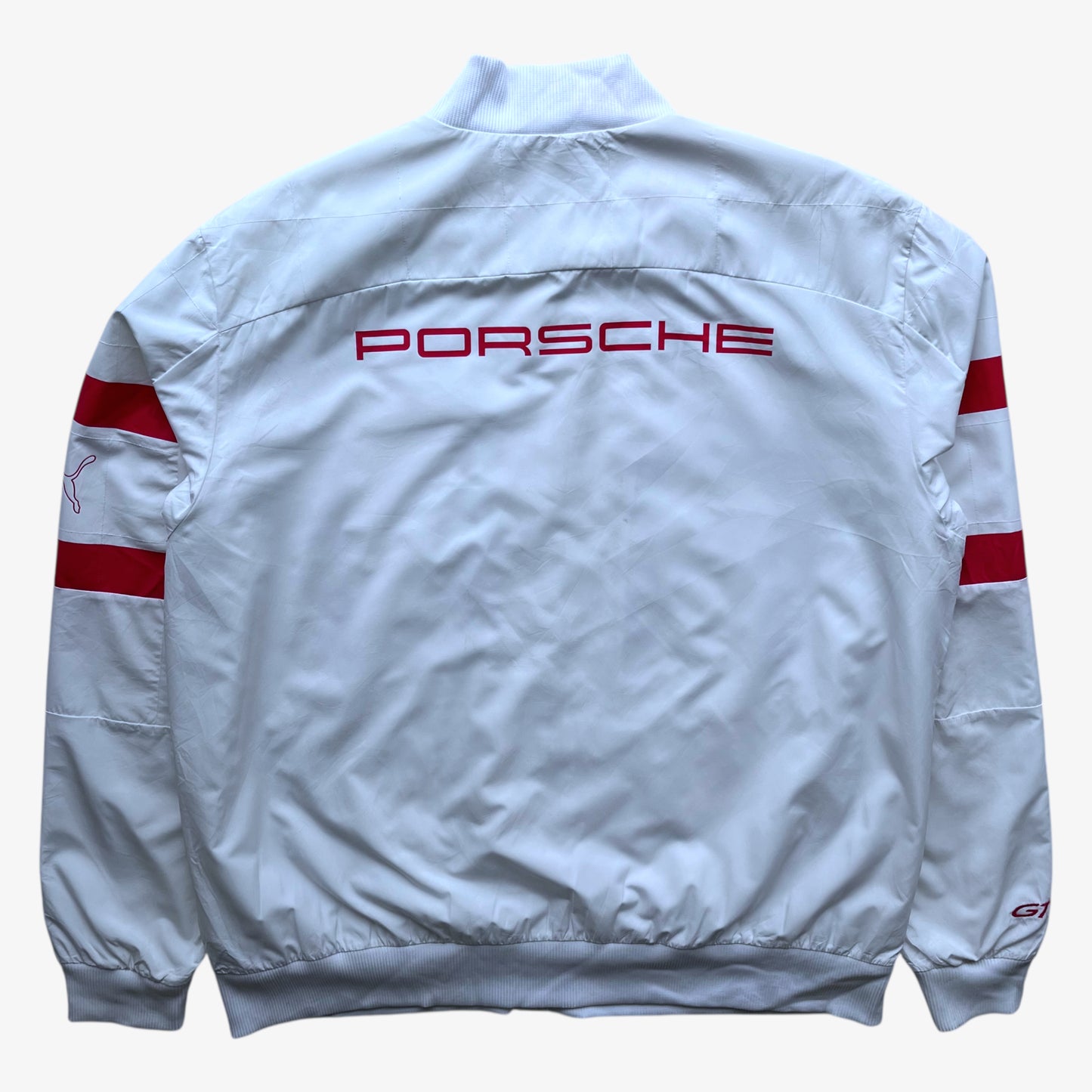 Back of men's Puma Porsche 911 GT3R spell out print white driving jacket.