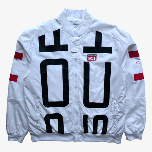Men's Puma Porsche 911 GT3R spell out print white driving jacket.