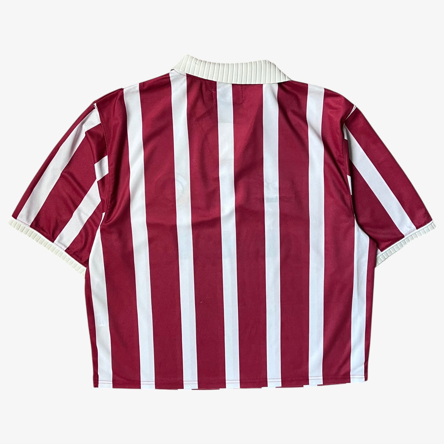 Back of men's Scuffers red and white striped football jersey.