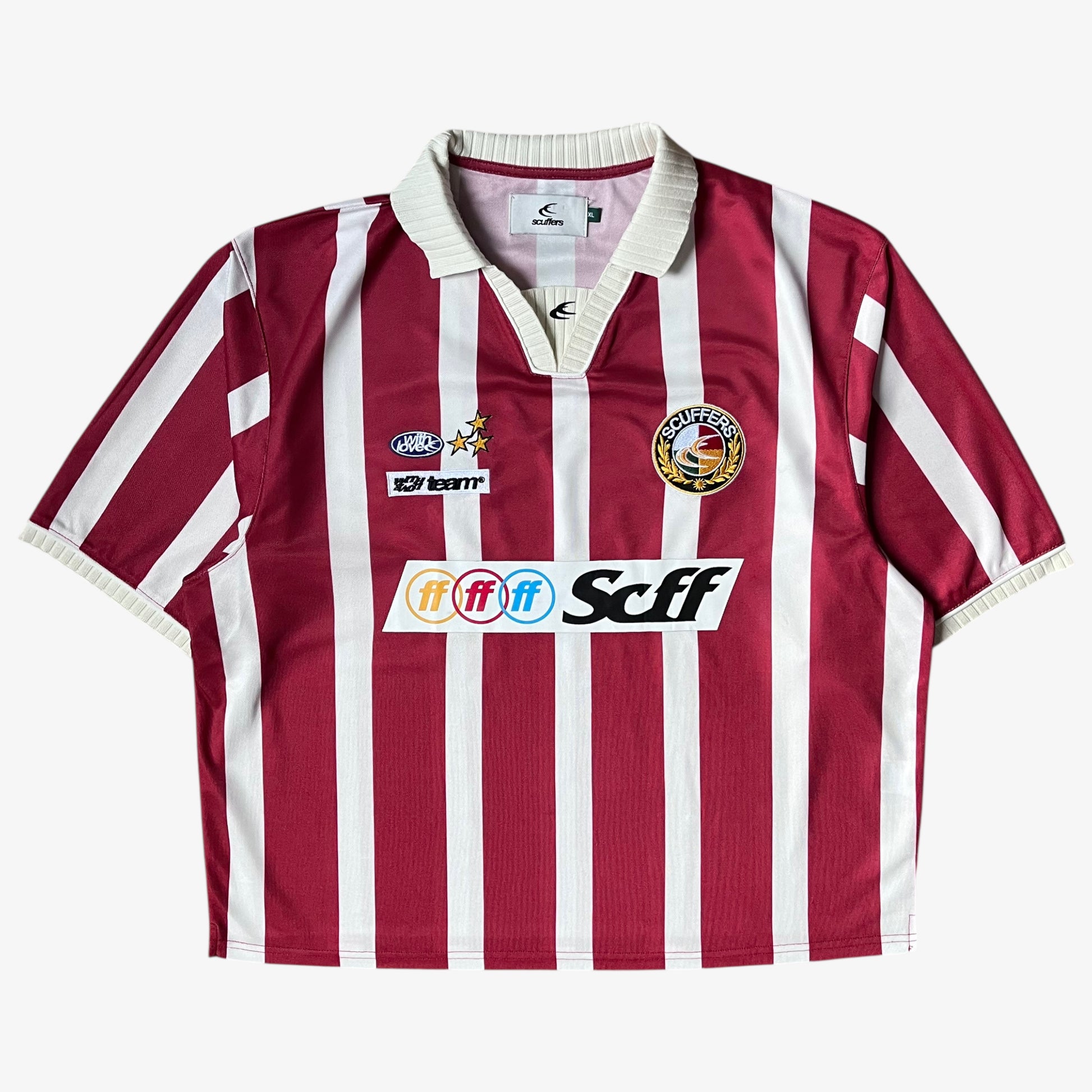 Men's Scuffers red and white striped football jersey.