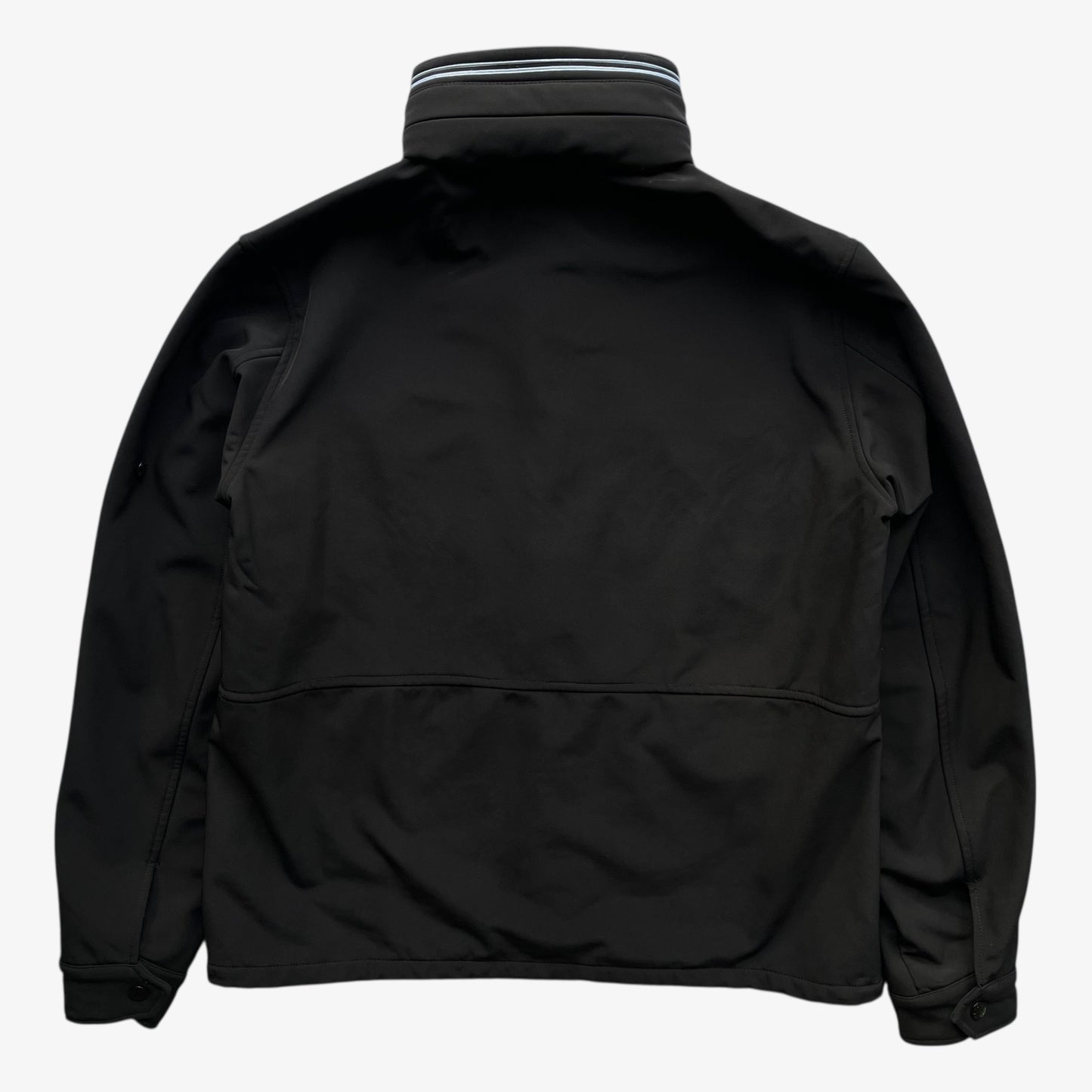 Back of men's Stone Island Soft Shell R black utility jacket with foldable hood.