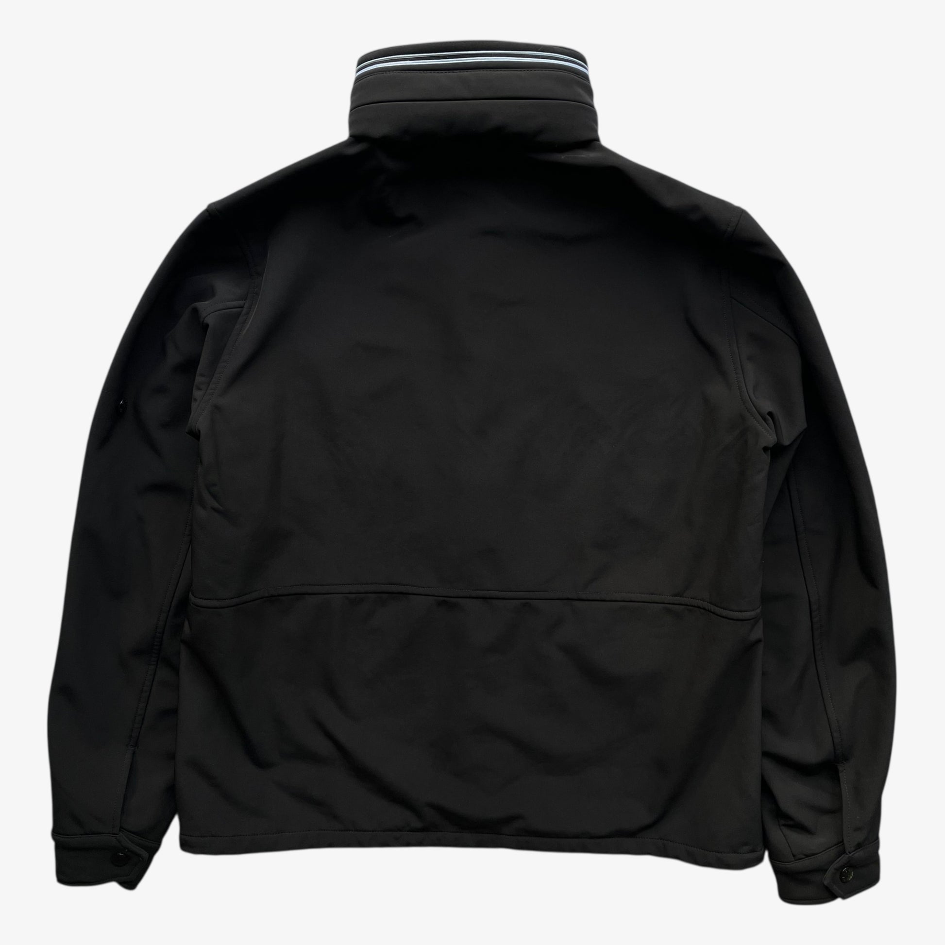 Back of men's Stone Island Soft Shell R black utility jacket with foldable hood.