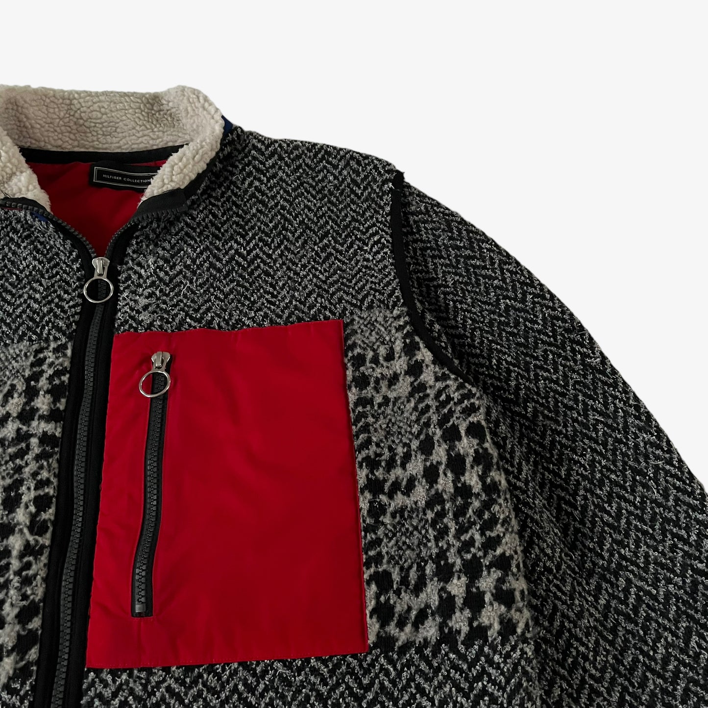 Mens Tommy Hilfiger Collection Abstract Patterned Grey Wool Fleece Jacket Pocket - Casspios Dream