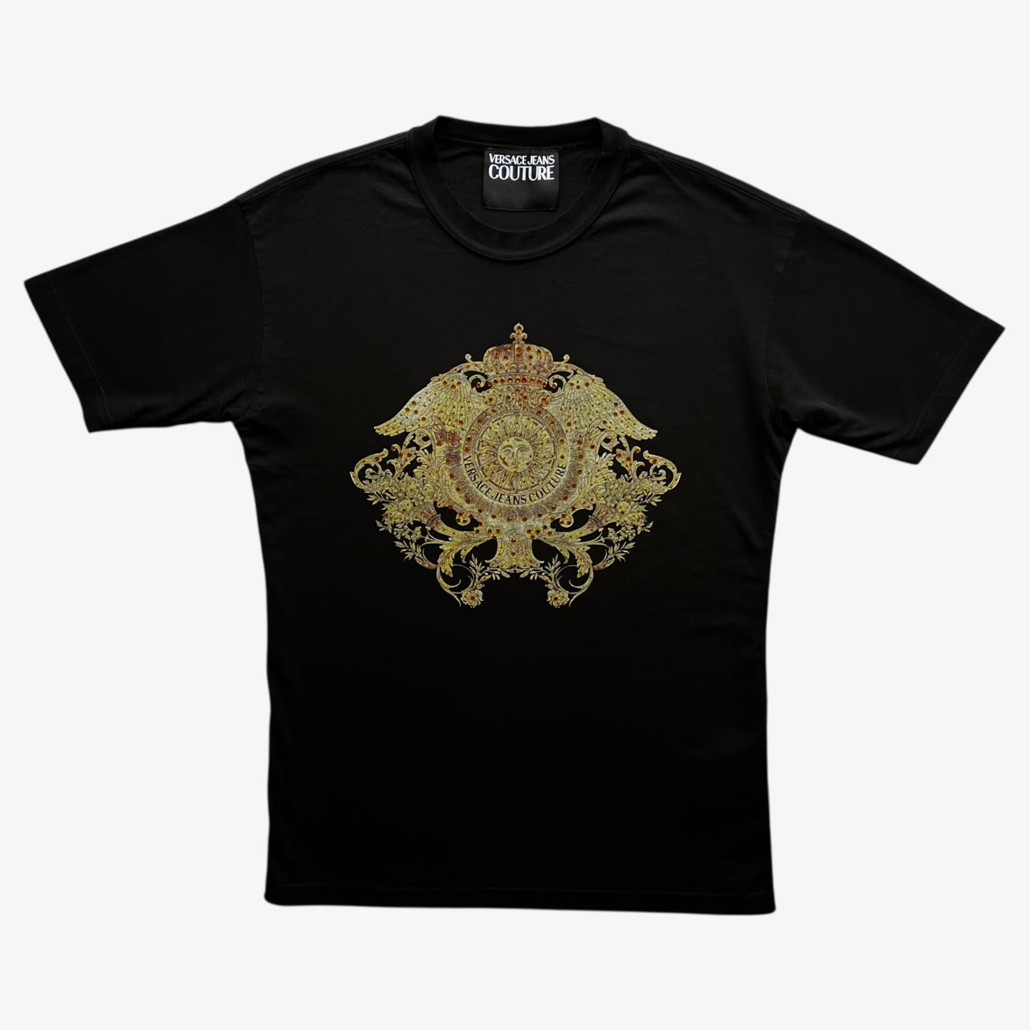 Men's Versace Jeans Couture rhinestone baroque sun face print black t-shirt.
