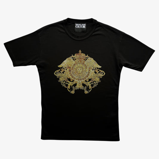 Men's Versace Jeans Couture rhinestone baroque sun face print black t-shirt.