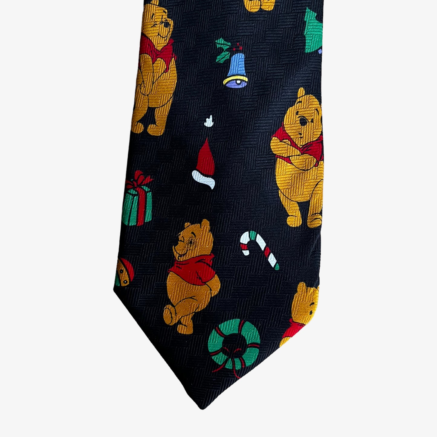 Vintage 90s Disney Winnie The Pooh Christmas Print Black Polyester Tie Cartoon - Casspios Dream