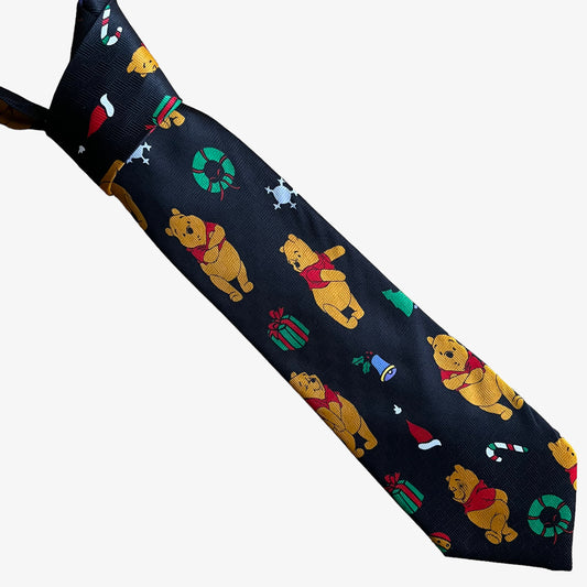 Vintage 90s Disney Winnie The Pooh Christmas Print Black Polyester Tie - Casspios Dream