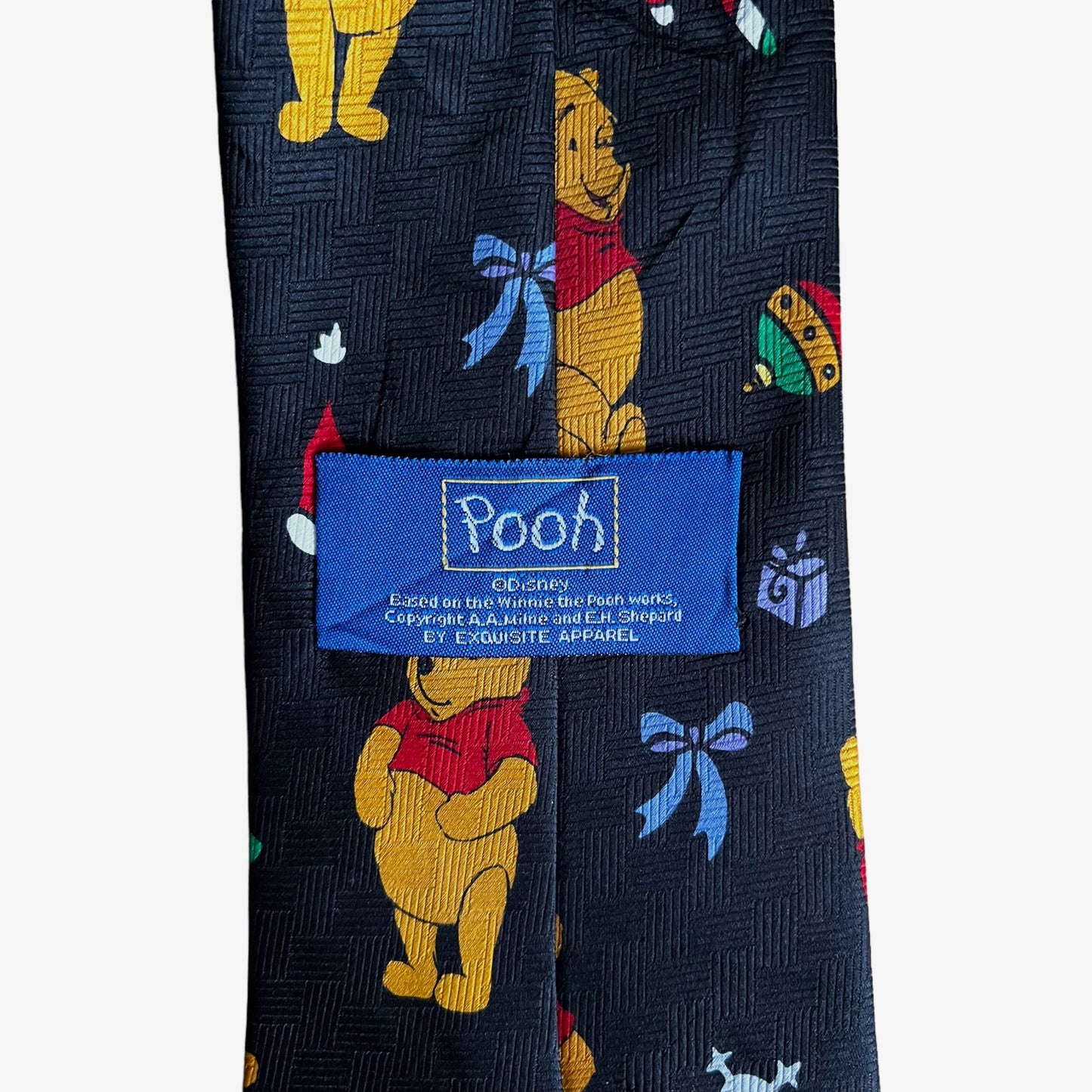 Vintage 90s Disney Winnie The Pooh Christmas Print Black Polyester Tie Label - Casspios Dream