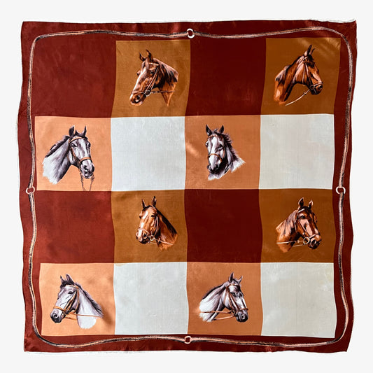 Vintage 60s Exclusive Design Horse Print Brown Check Acetate Scarf - Casspios Dream