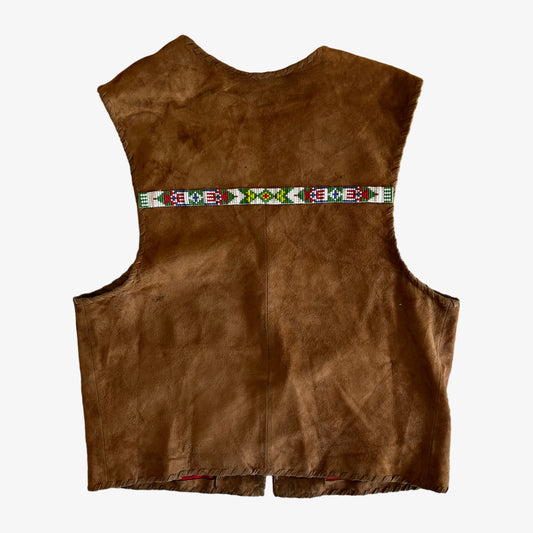 Vintage 1960s Womens Brown Leather Beaded Waistcoat Back - Casspios Dream
