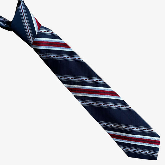 Vintage 70s Louis Feraud Paris Red & Navy Striped Silk Tie - Casspios Dream 