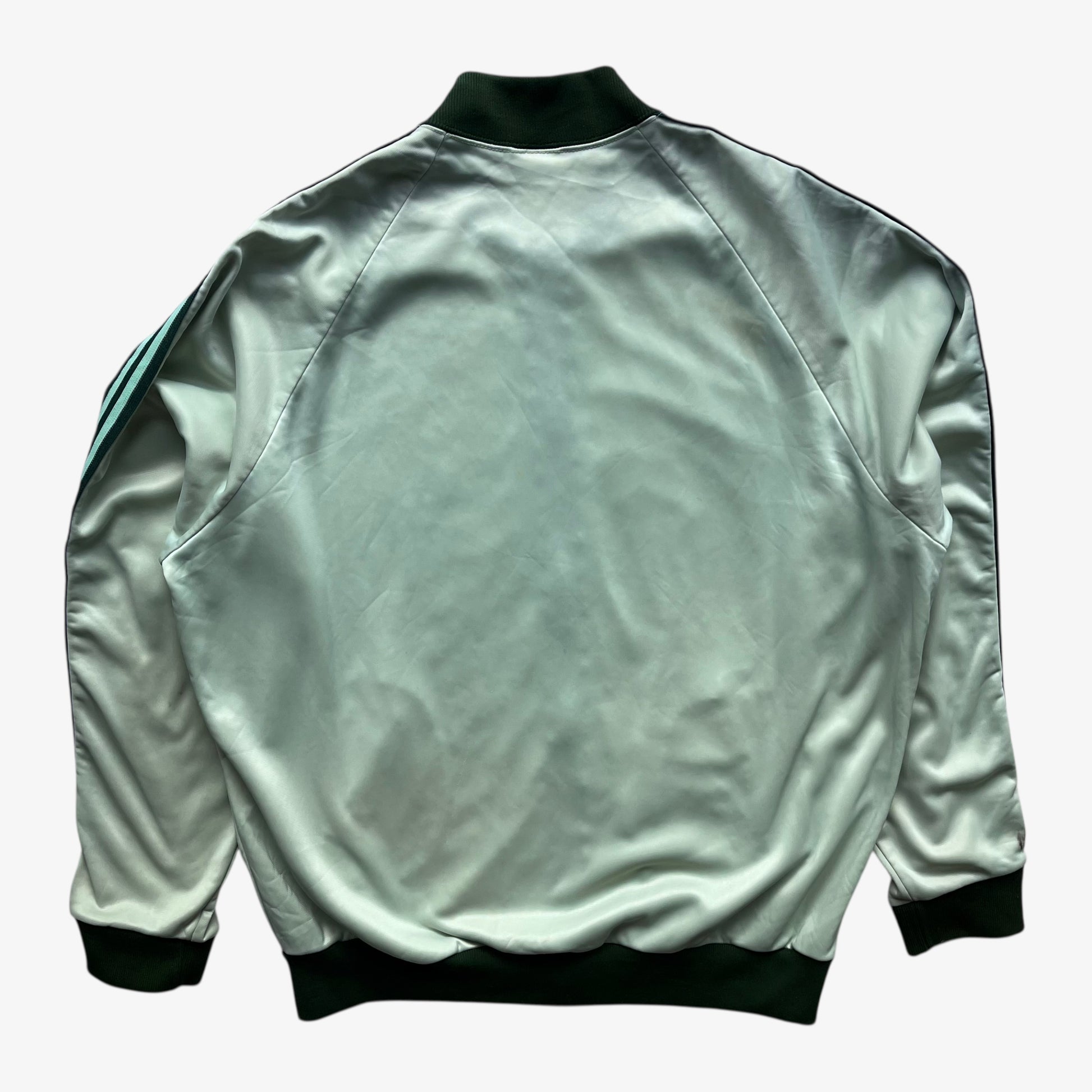 Back of men's vintage 70s Adidas ATP Keyrolan green track jacket.