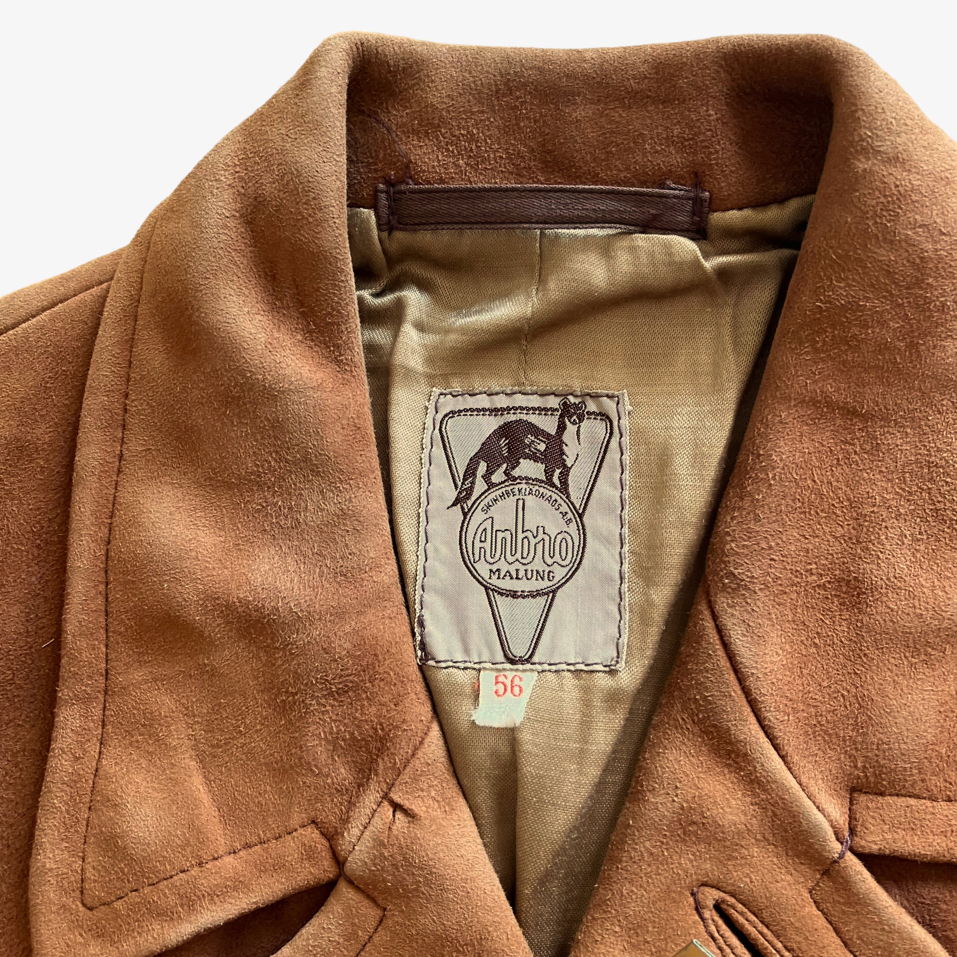Vintage 70s Mens Anbro Malung Brown Leather Jacket Label - Casspios Dream