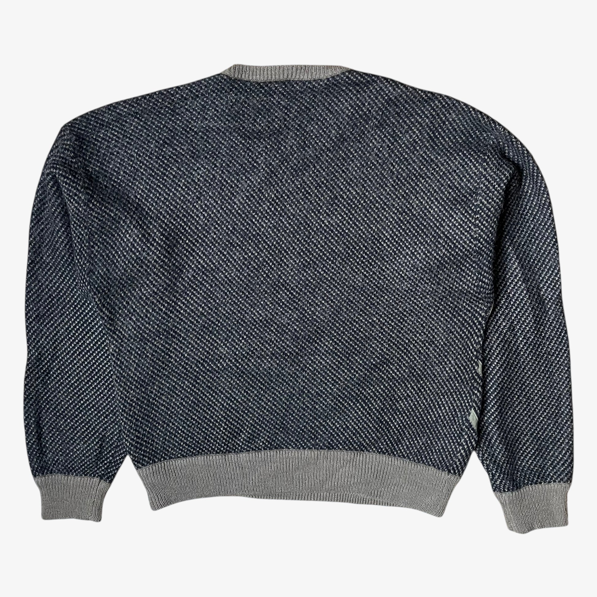 Back of vintage 70s men's Maurizio alpaca and wool blend striped brown jumper.