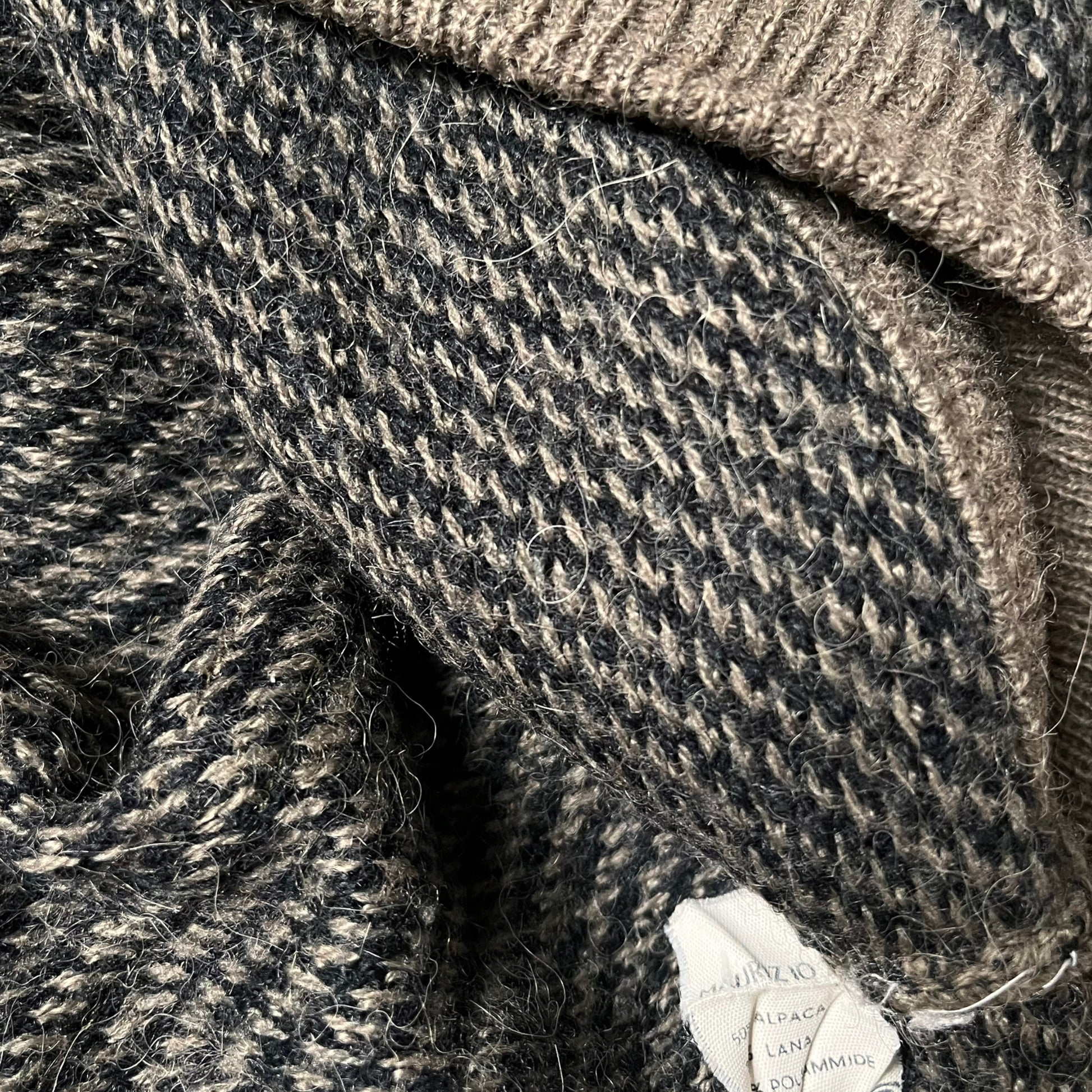 Made in Italy label stitched inside of a vintage 70s men's Maurizio alpaca and wool blend striped brown jumper.