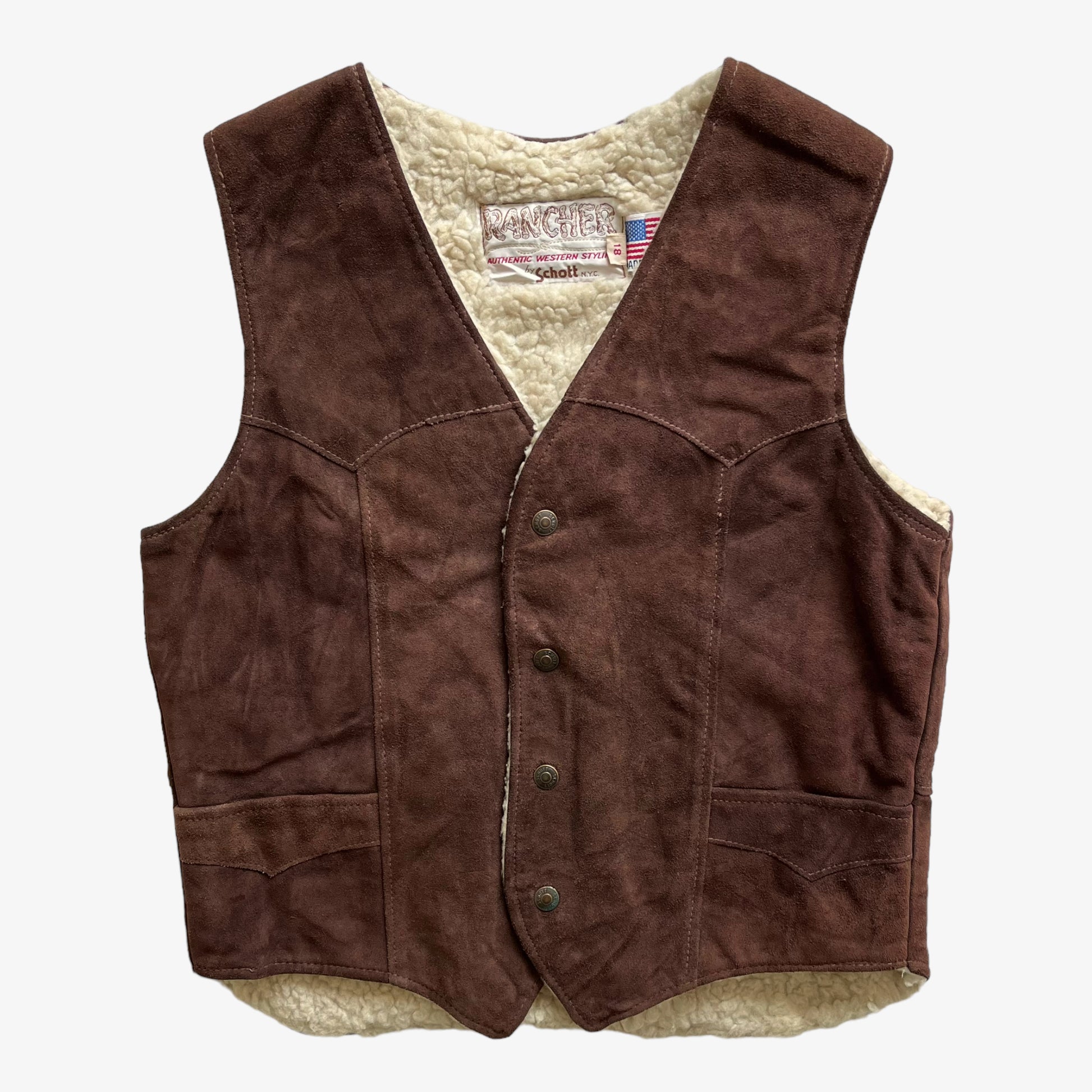 Vintage 70s Mens Schott Rancher Brown Leather Waistcoat - Casspios Dream
