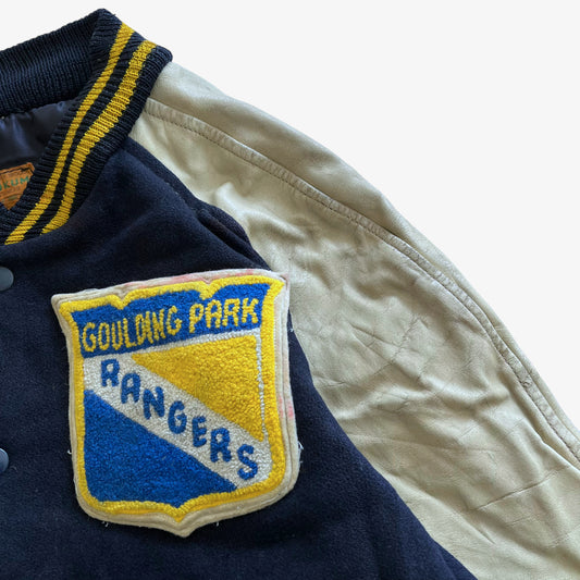 Vintage 70s Mens Skookum Goulding Park Rangers Wool &amp; Leather Blue Varsity Jacket Crest - Casspios Dream