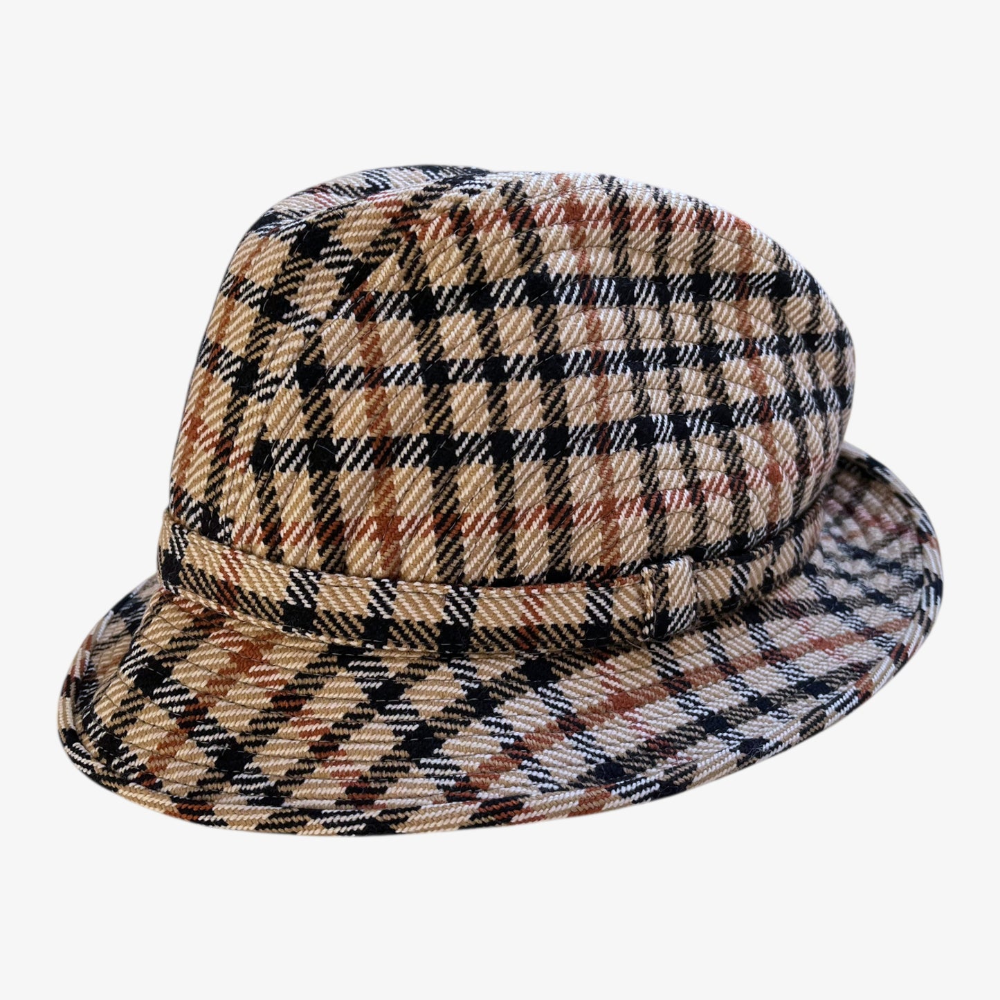 Vintage 70s women's Daks house check print wool trilby hat.