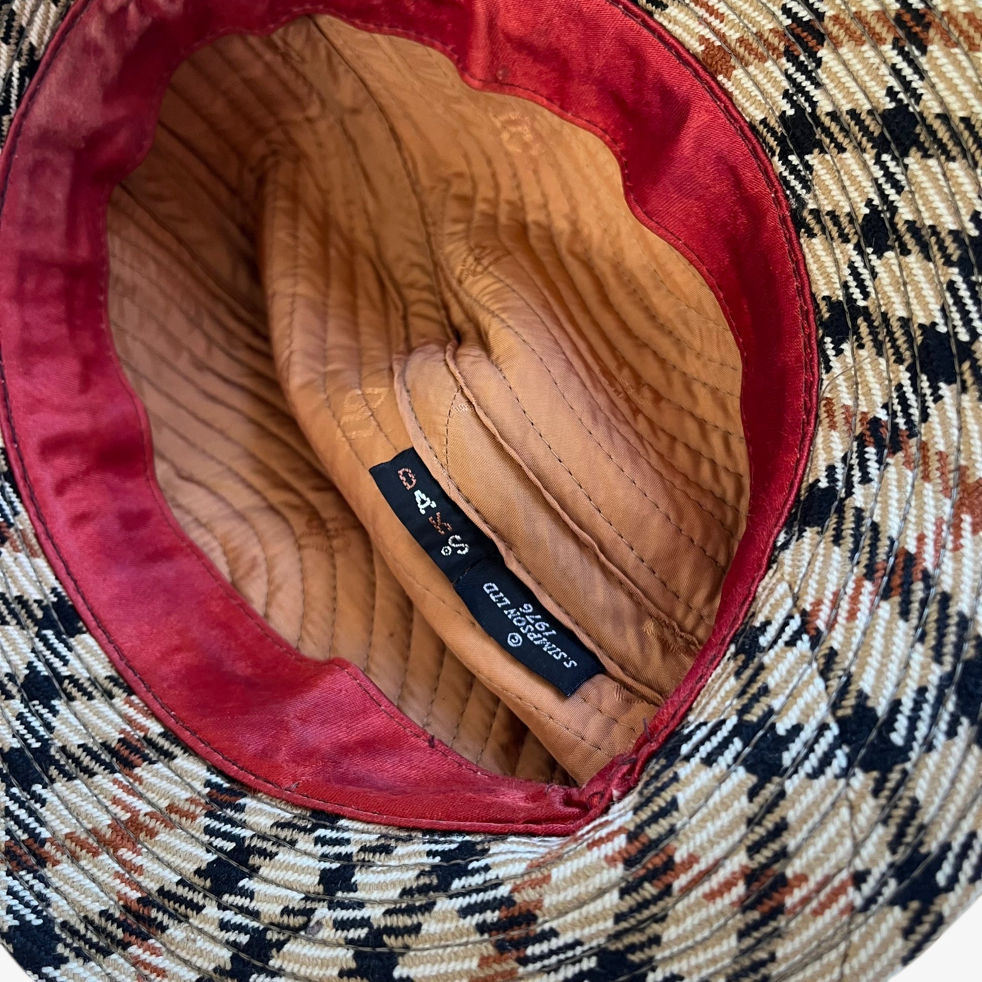 Circa 1976 label stitched inside of vintage 70s women's Daks house check print wool trilby hat.