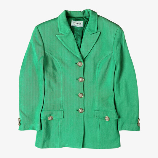 Vintage 70s Versace Sport women’s green wool blazer with sun-engraved gold buttons and classic tailored design.