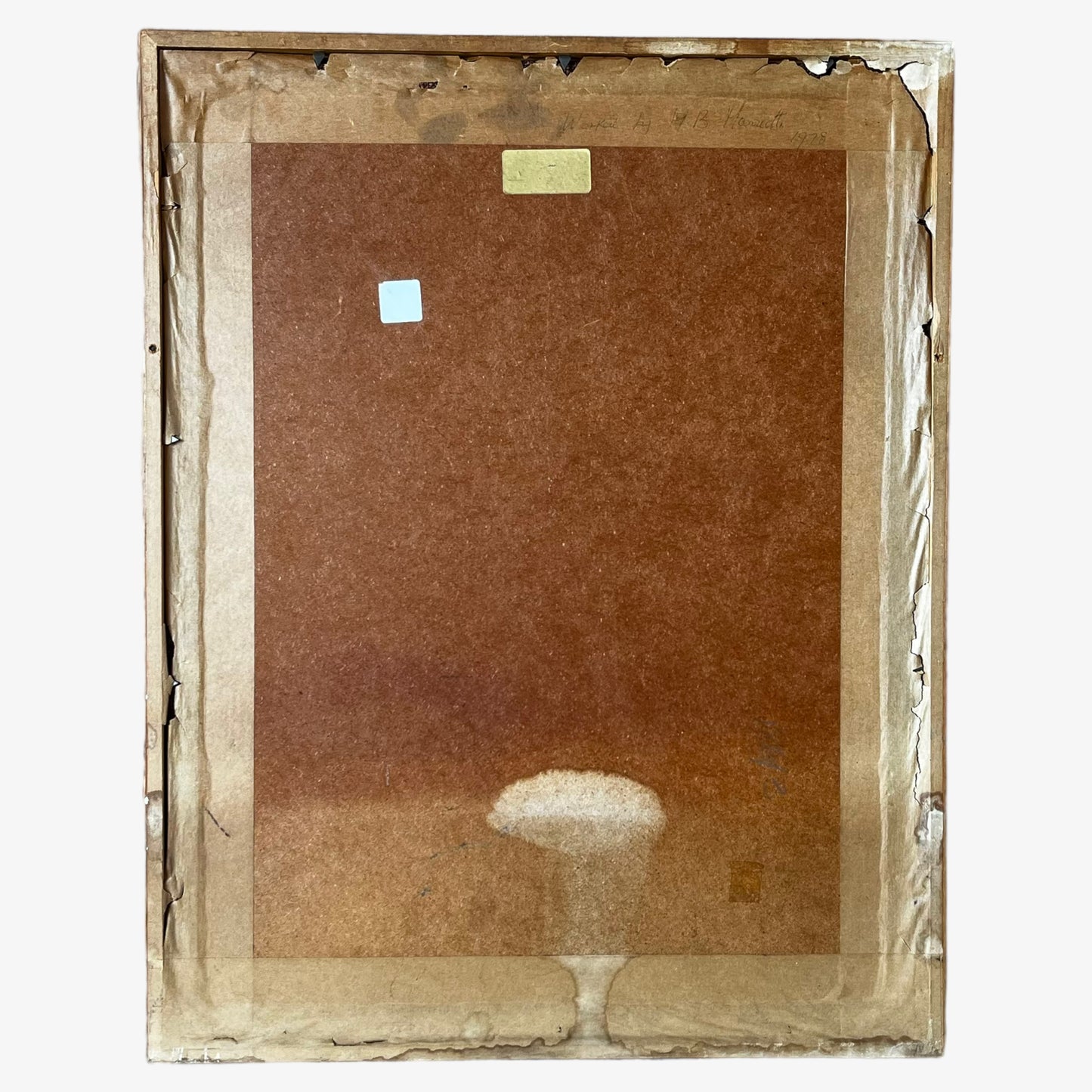 Back of wooden framed vintage 70s peacock cross stitch tapestry.