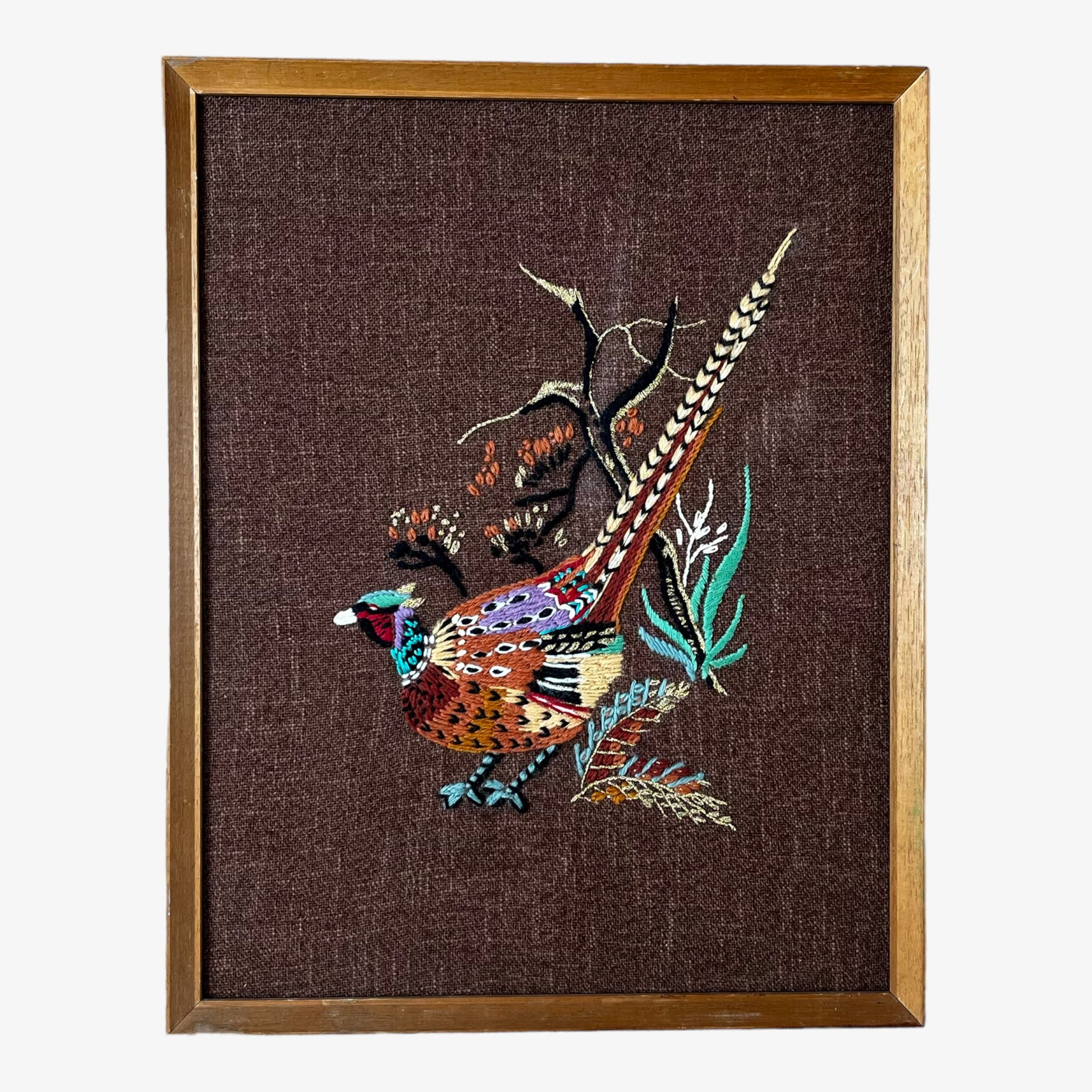 Wooden framed vintage 70s peacock cross stitch tapestry.