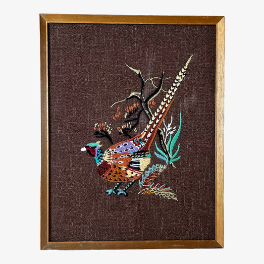 Wooden framed vintage 70s peacock cross stitch tapestry.