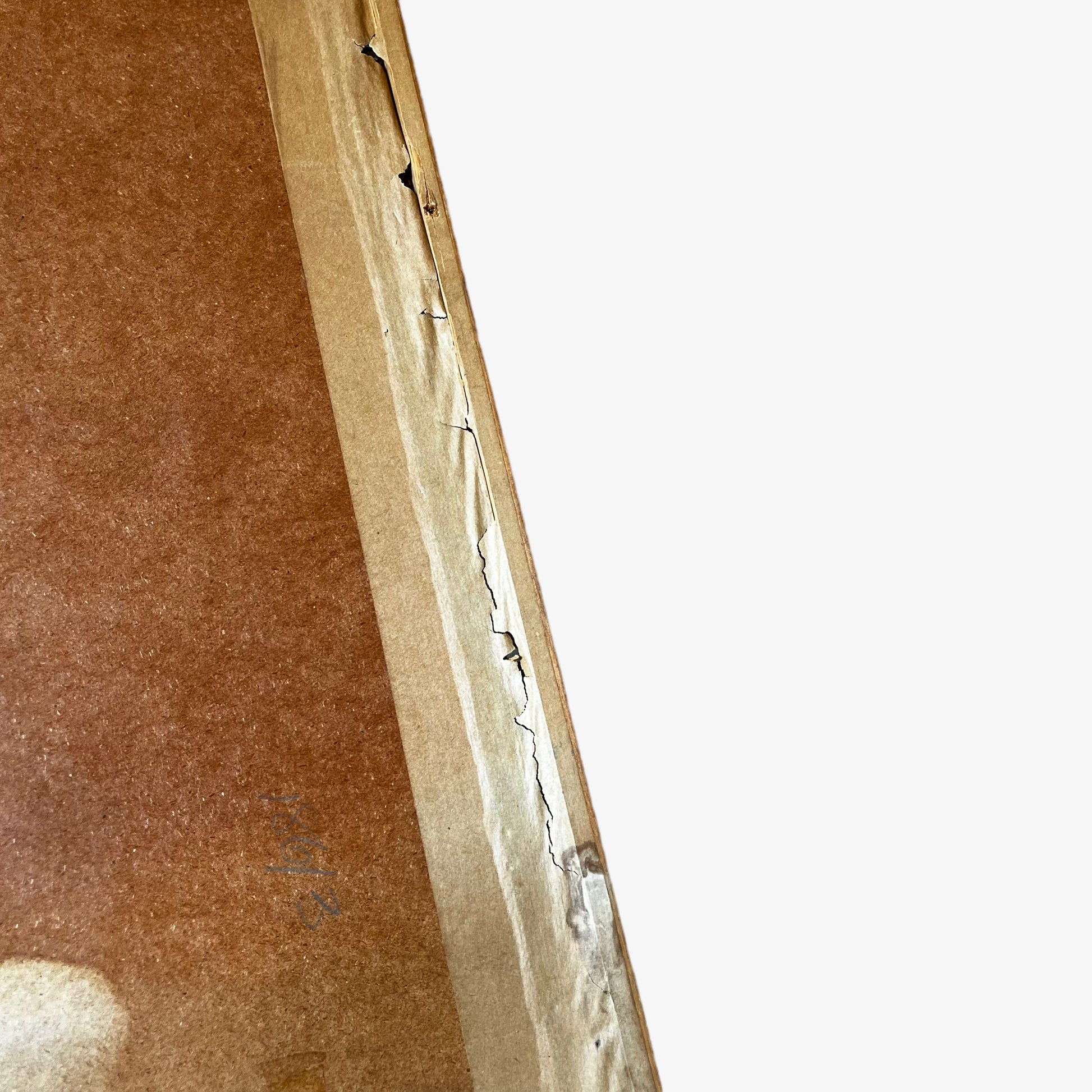 Marks on the back of wooden framed vintage 70s peacock cross stitch tapestry.