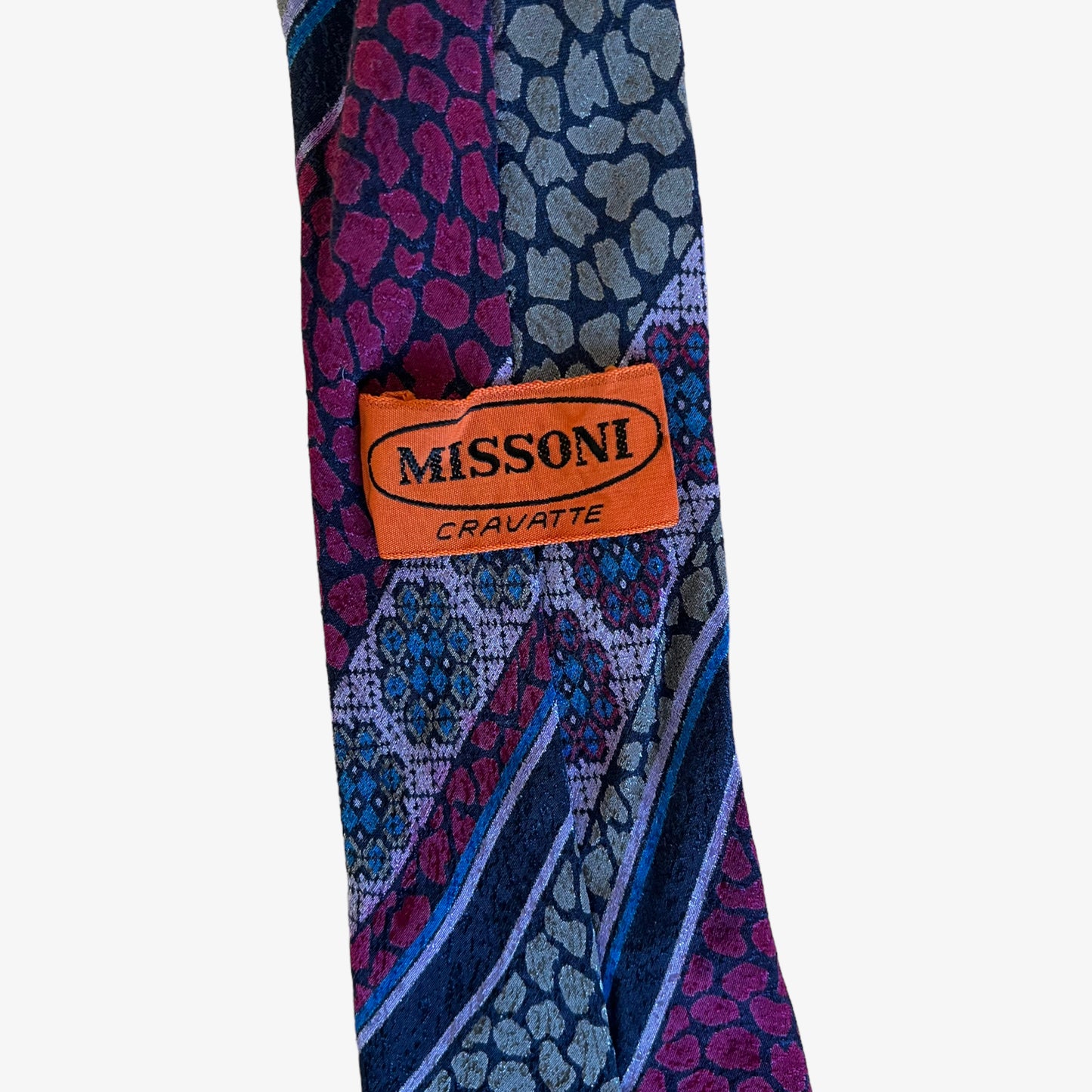 Vintage 80s Missoni Reptile Abstract Print Purple Silk Tie Label - Casspios Dream