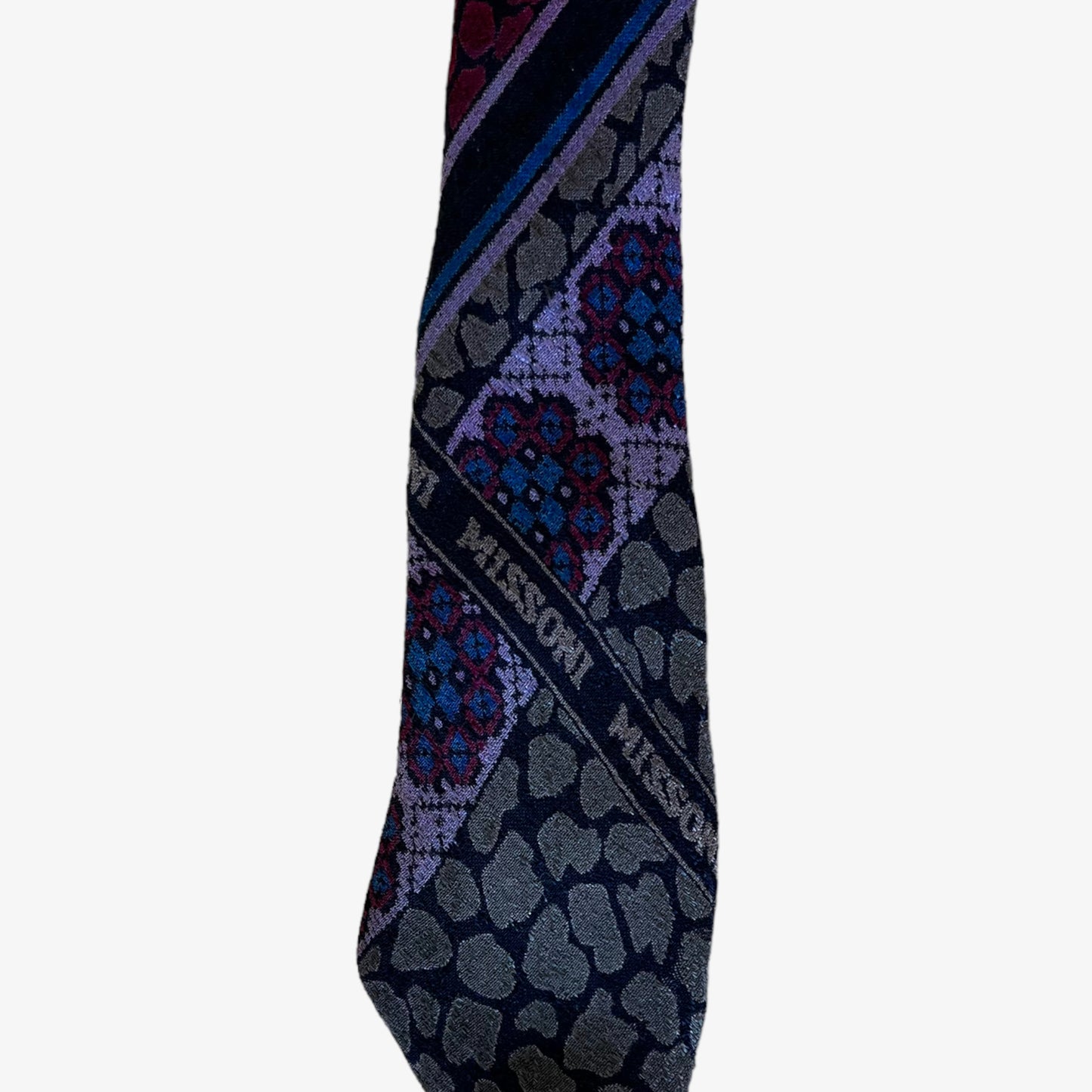 Vintage 80s Missoni Reptile Abstract Print Purple Silk Tie Logo - Casspios Dream