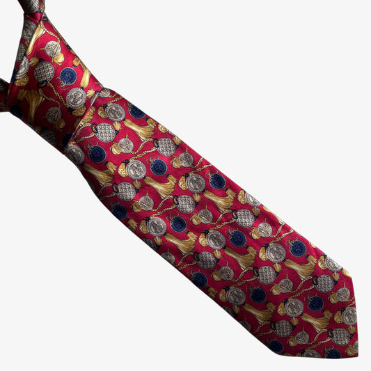 Vintage 80s Barry Kieselstein Cord Geometric Ornate Medallion Print Red Silk Tie - Casspios Dream