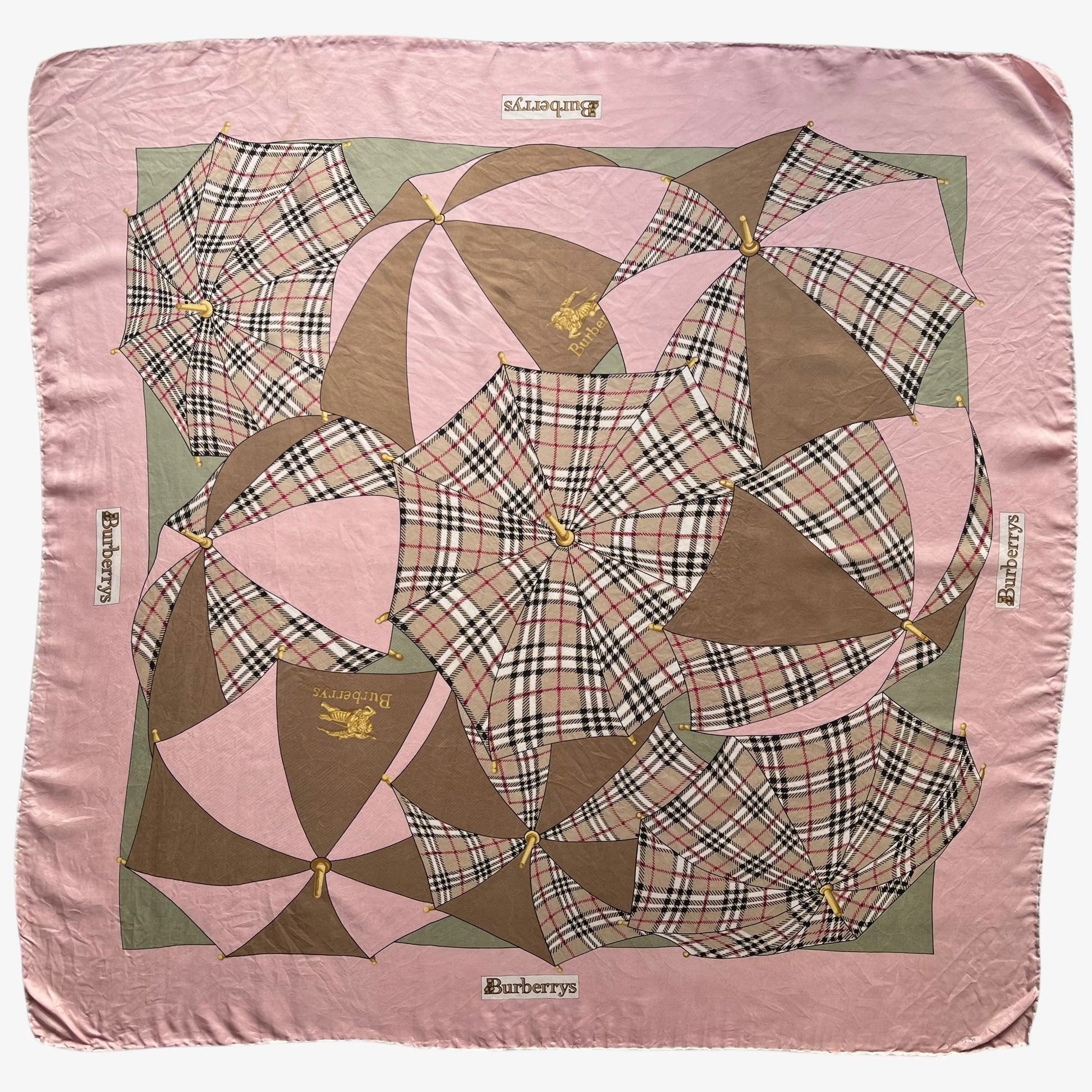 Women's vintage 80s Burberry nova check umbrella print pink silk scarf.
