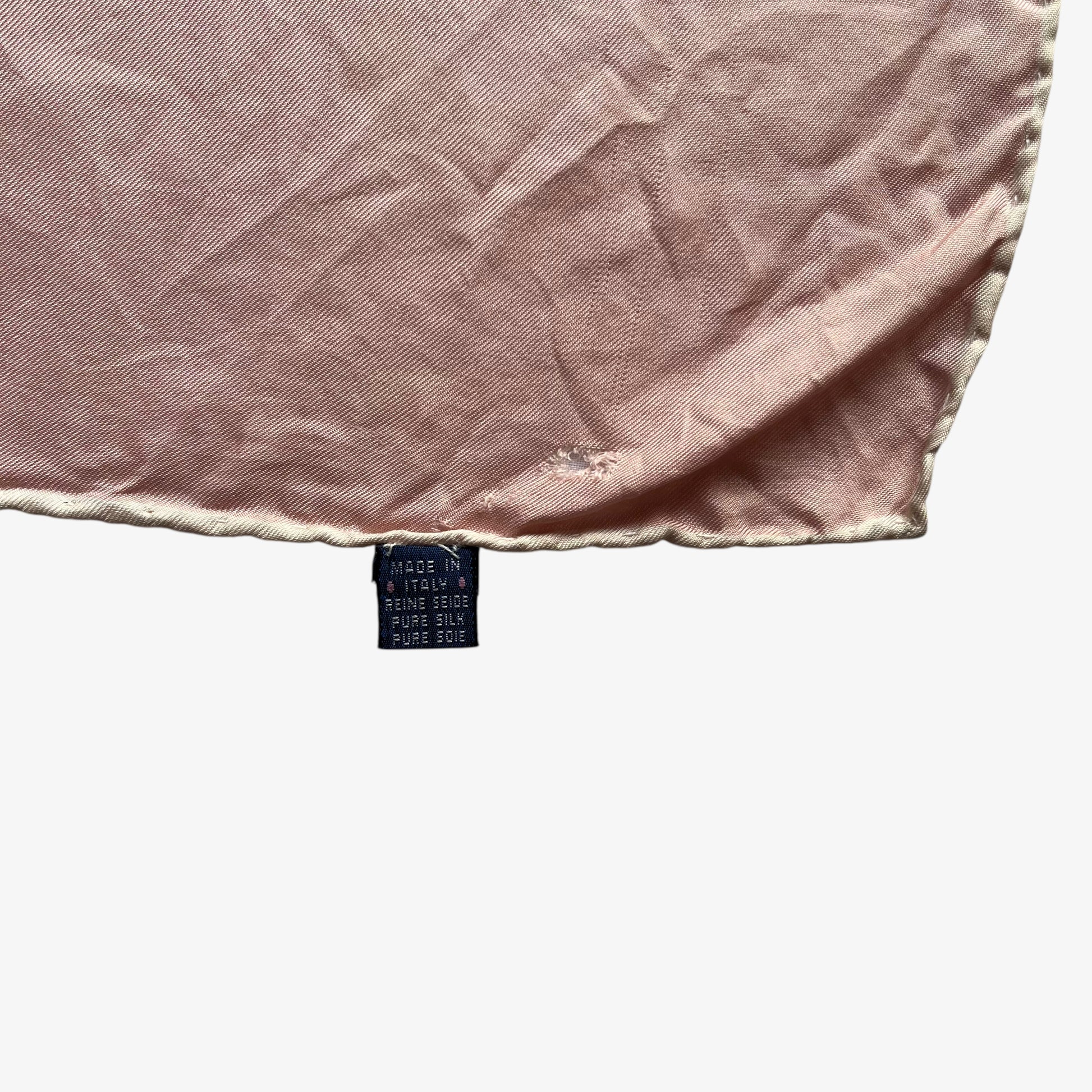 Made in Italy label of women's vintage 80s Burberry nova check umbrella print pink silk scarf.