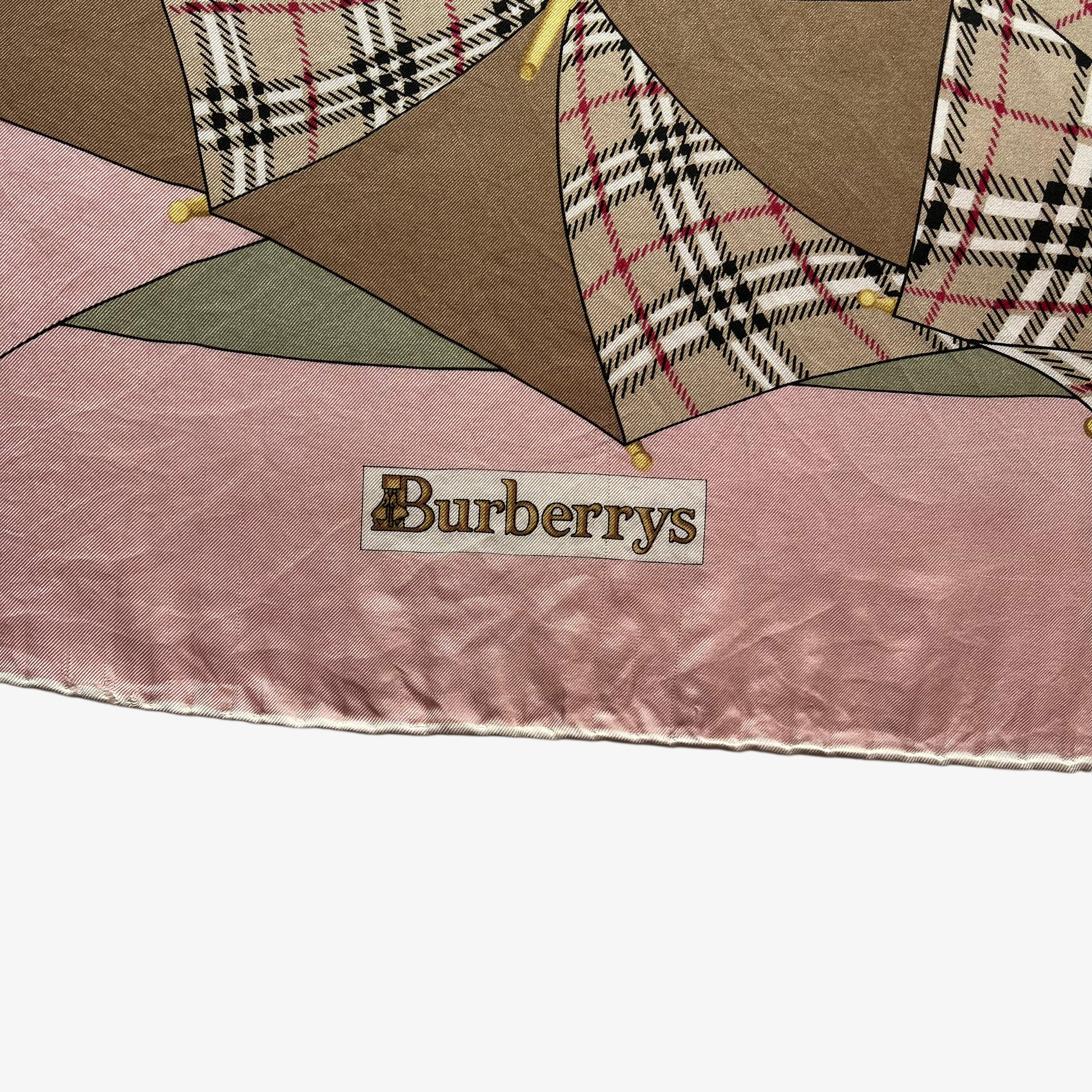 Burberrys spell out logo on women's vintage 80s Burberry nova check umbrella print pink silk scarf.