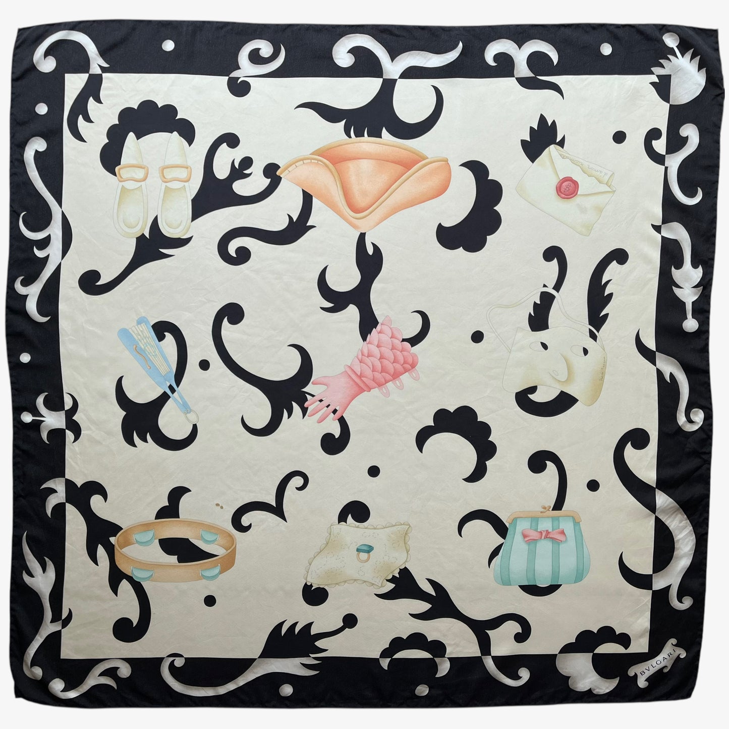 Women's vintage 80s Bvlgari abstract geometric accessories print black silk scarf.