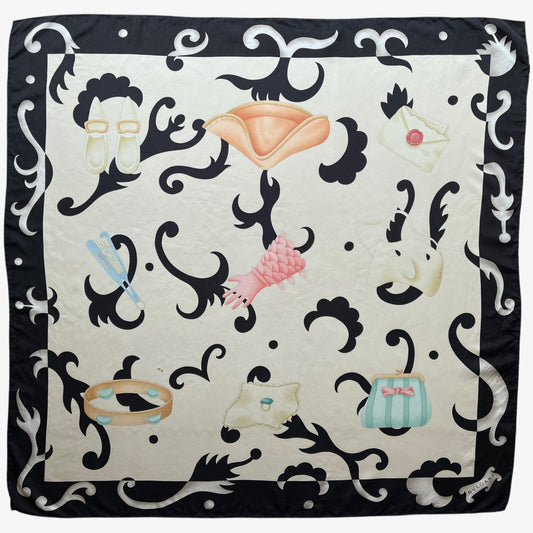 Women's vintage 80s Bvlgari abstract geometric accessories print black silk scarf.