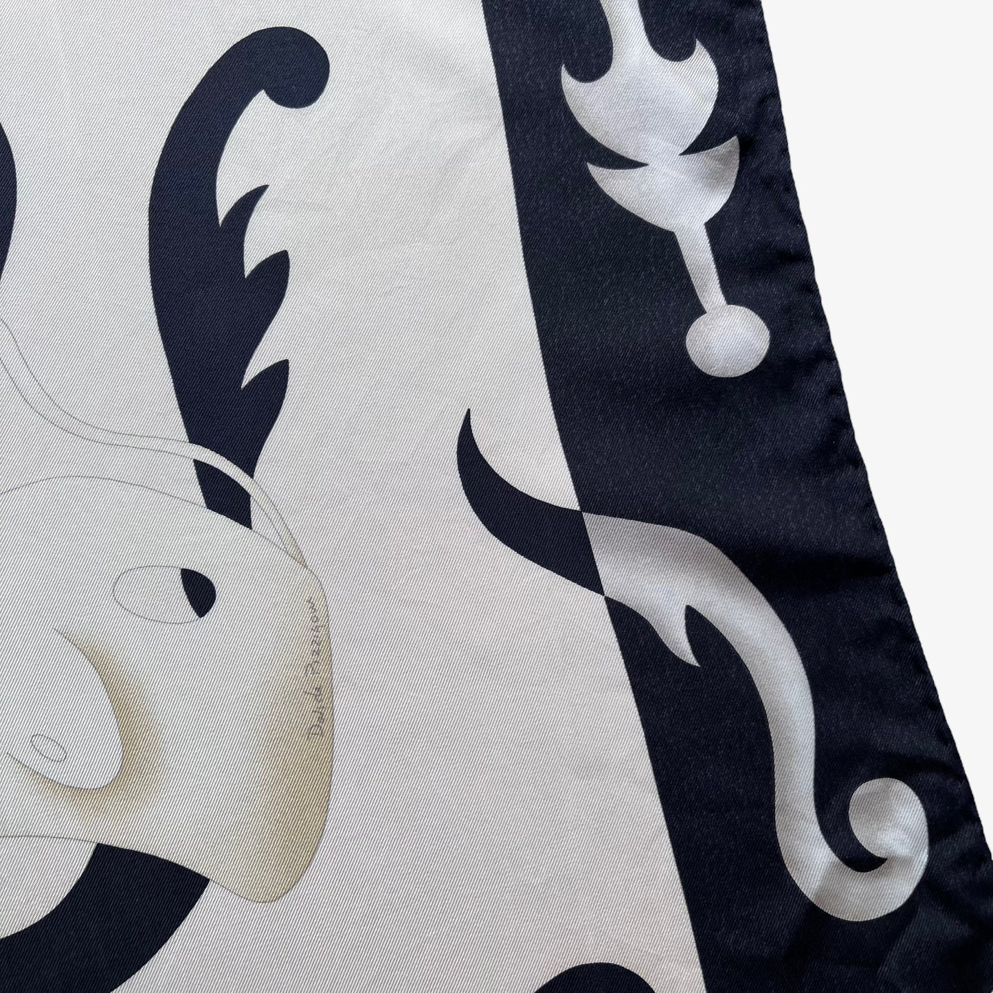 Davide Pizzigoni signature on women's vintage 80s Bvlgari abstract geometric accessories print black silk scarf.