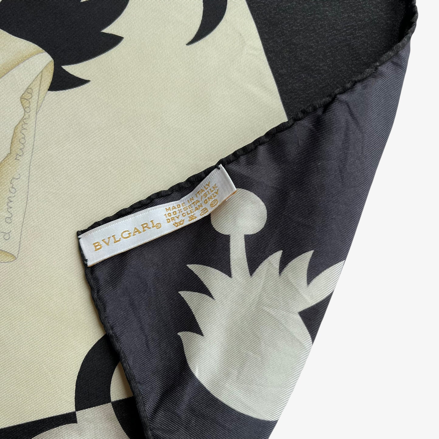 Bvlgari made in Italy label of women's vintage 80s abstract geometric accessories print black silk scarf.