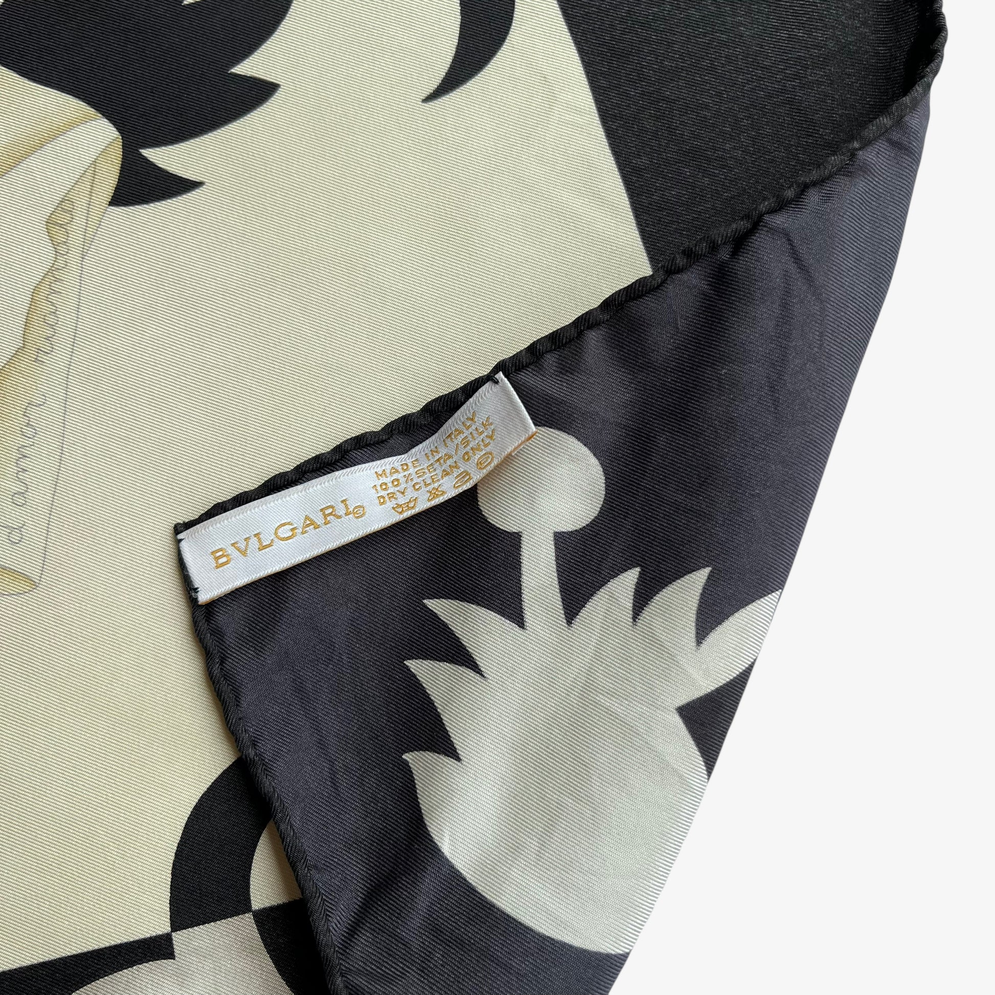 Bvlgari made in Italy label of women's vintage 80s abstract geometric accessories print black silk scarf.