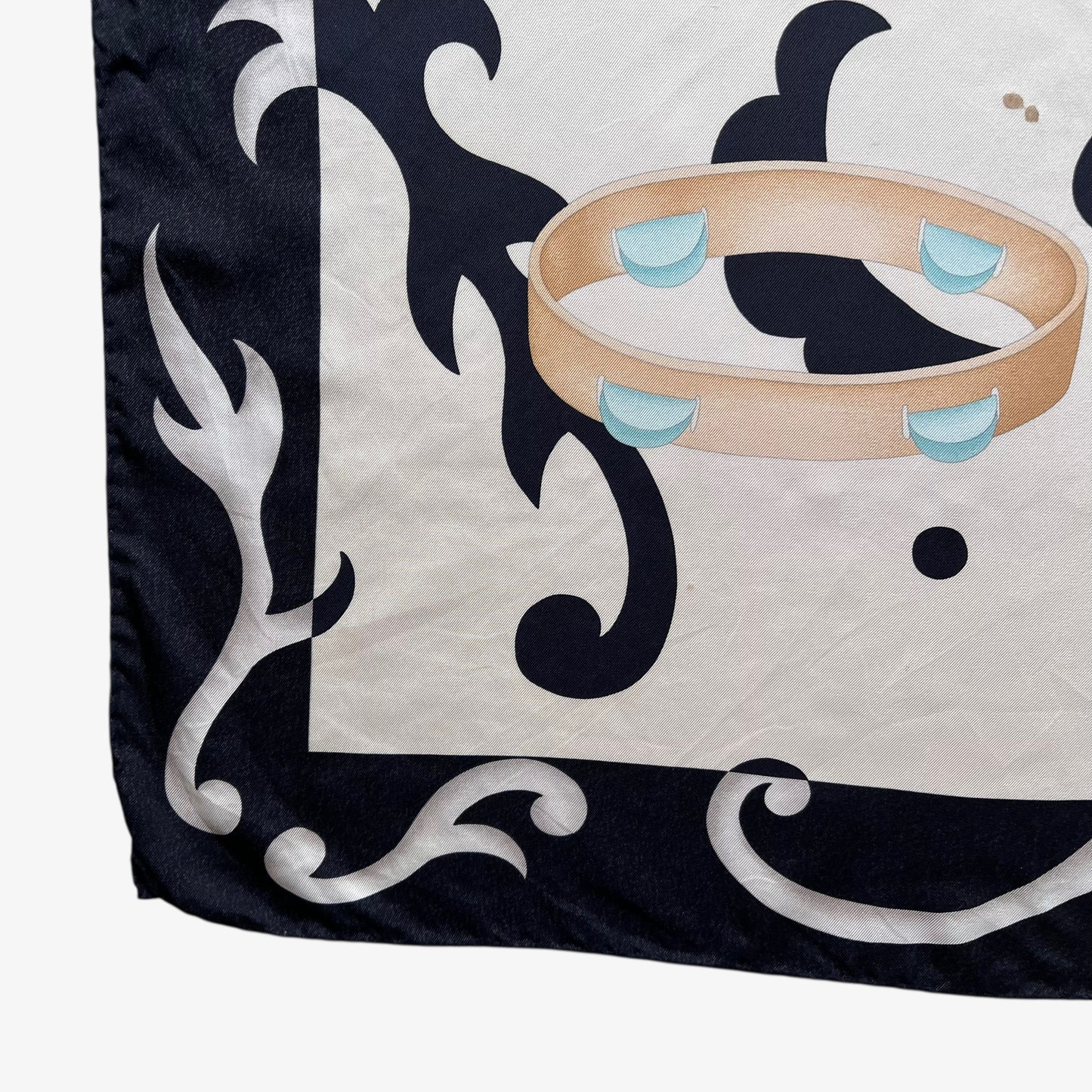 Patina on women's vintage 80s Bvlgari abstract geometric accessories print black silk scarf.