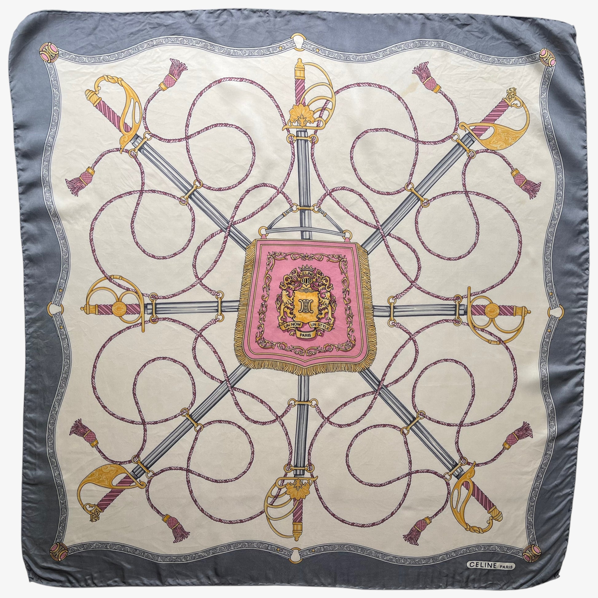 Women's vintage 80s Celine Paris grey silk scarf features a royal emblem and baroque sword print.