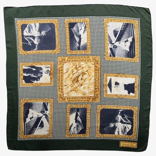 Women's vintage 80s Christian Dior green silk scarf with houndstooth and Lady Dior archival print.