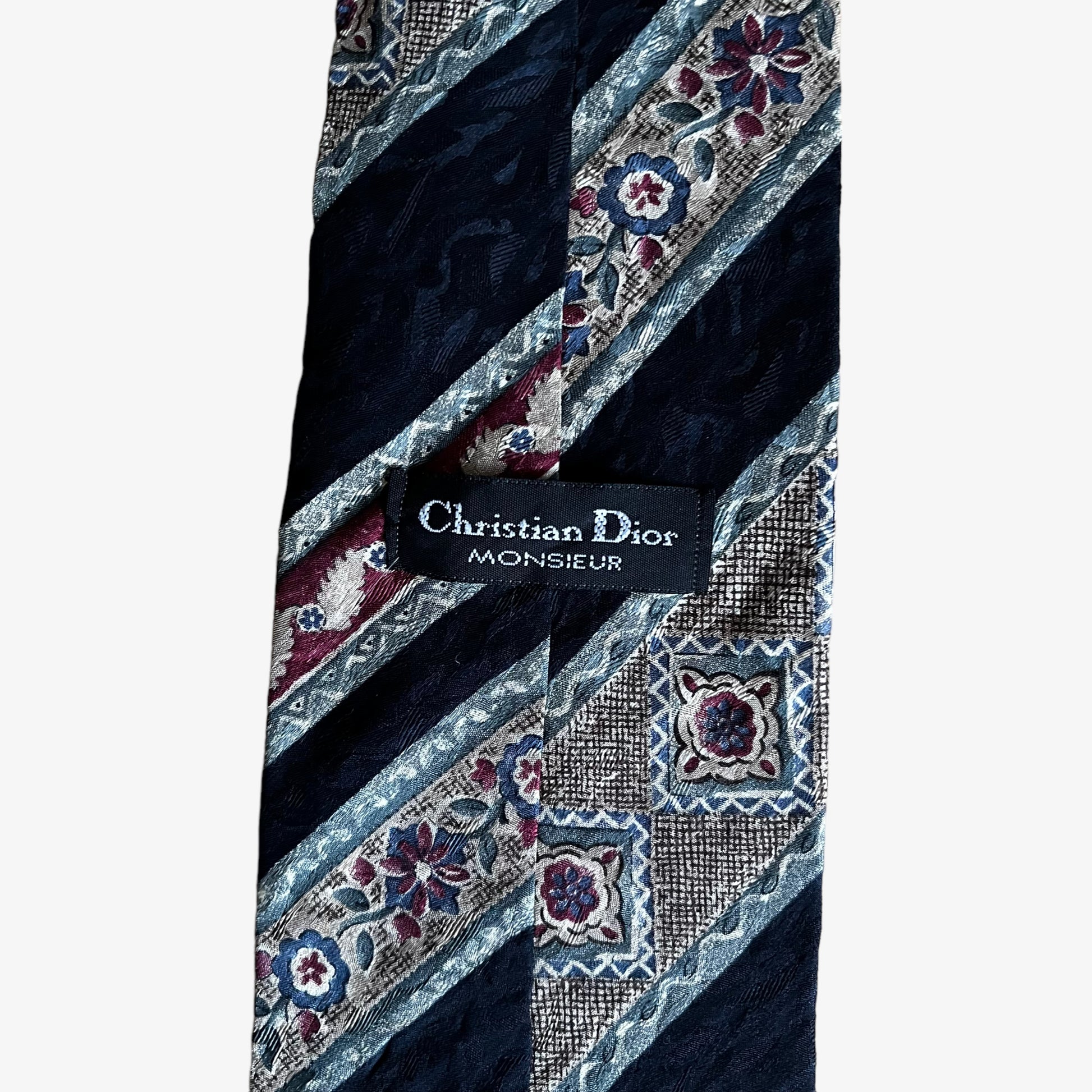 Vintage 80s Christian Dior Monsieur Abstract Floral Striped Silk Tie Label - Casspios Dream