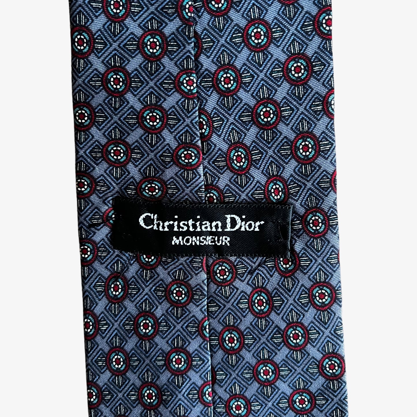 Vintage 80s Christian Dior Monsieur Abstract Geometric Print Grey Silk Tie Label - Casspios Dream 