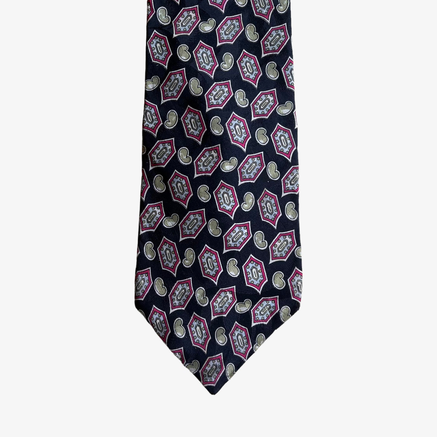 Close up of pattern on vintage 80s Christian Dior monsieur paisley print silk tie.