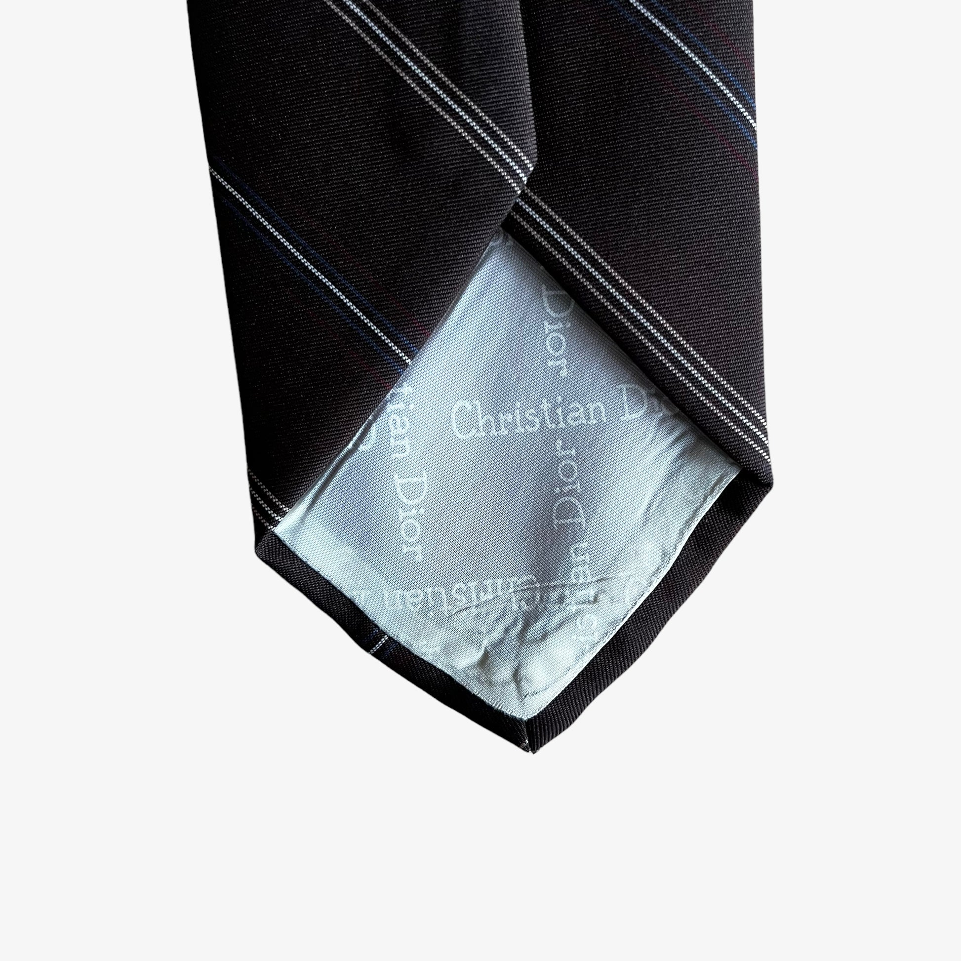 Vintage 80s Christian Dior Striped Silk Tie With Embroidered Spell Out Back Logo - Casspios Dream
