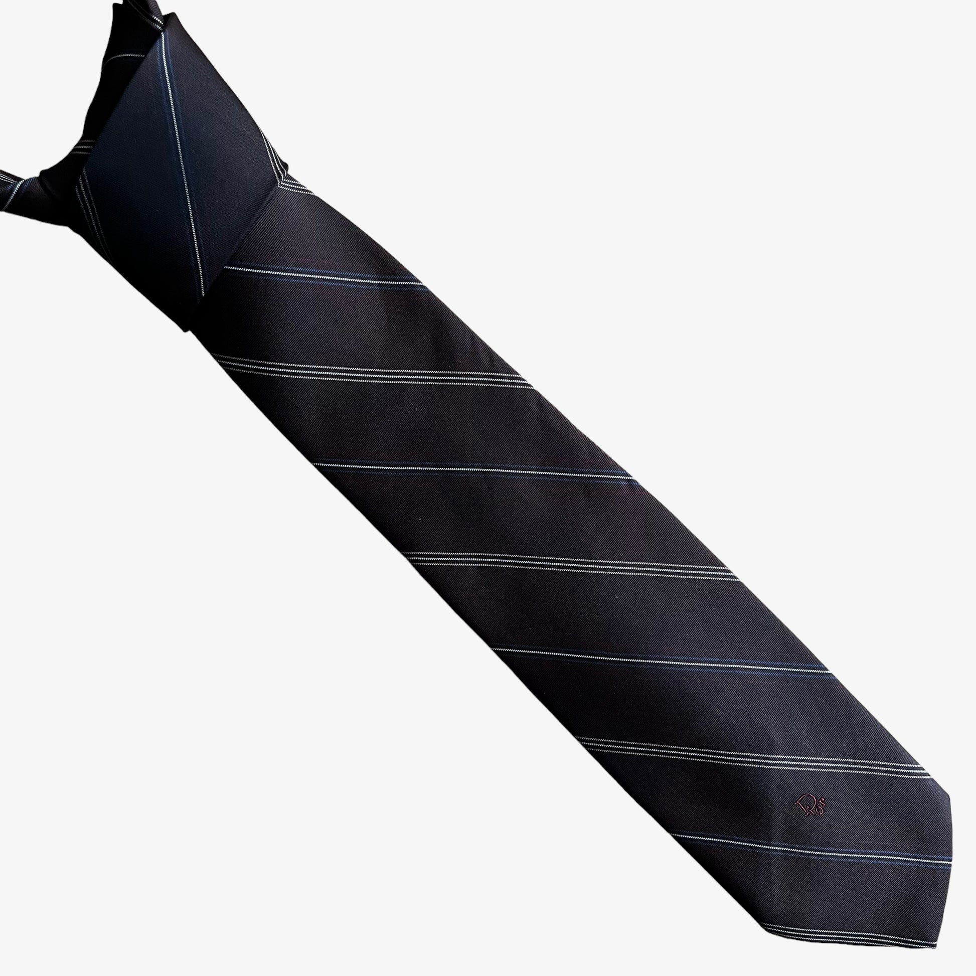 Vintage 80s Christian Dior Striped Silk Tie With Embroidered Spell Out - Casspios Dream