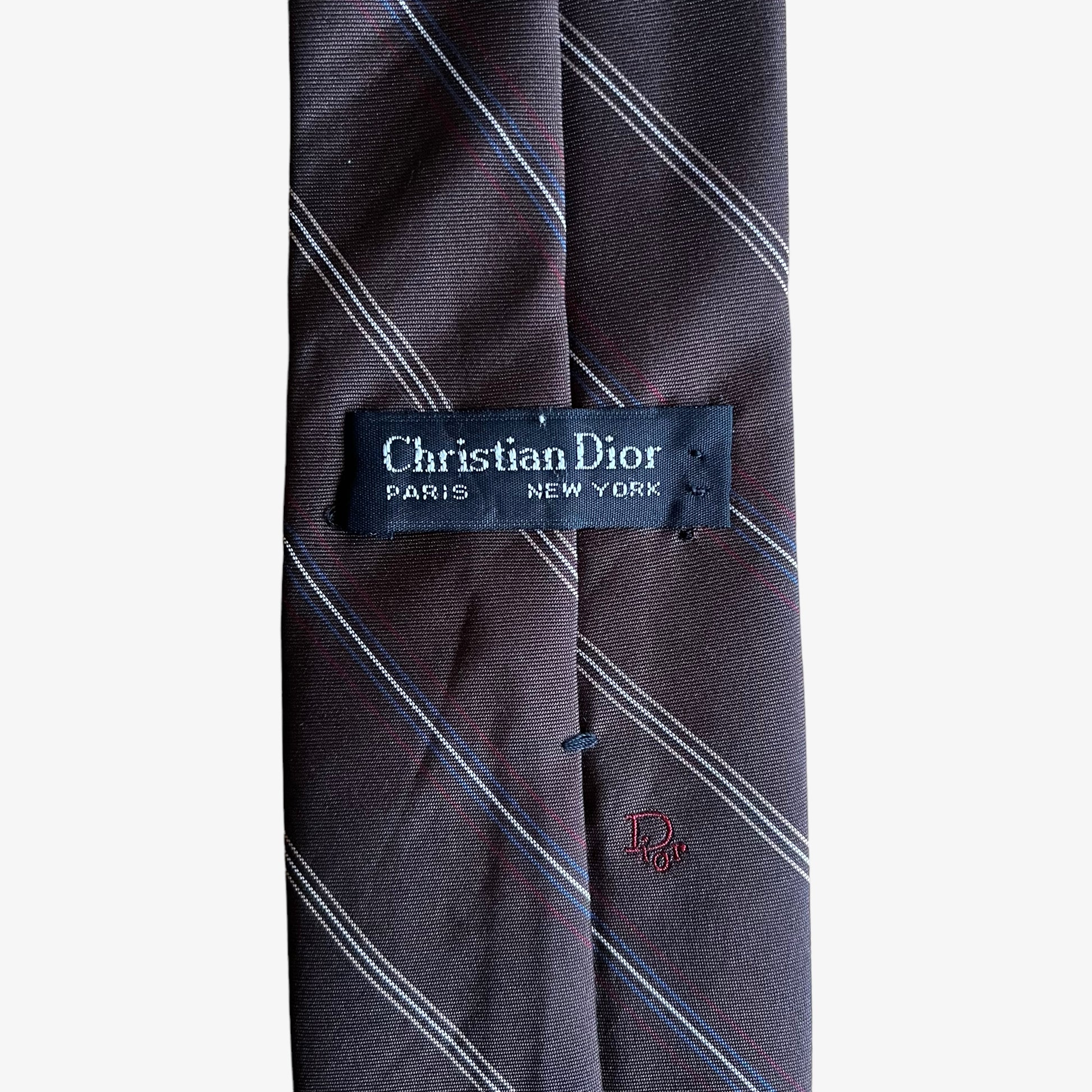Vintage 80s Christian Dior Striped Silk Tie With Embroidered Spell Out Label - Casspios Dream